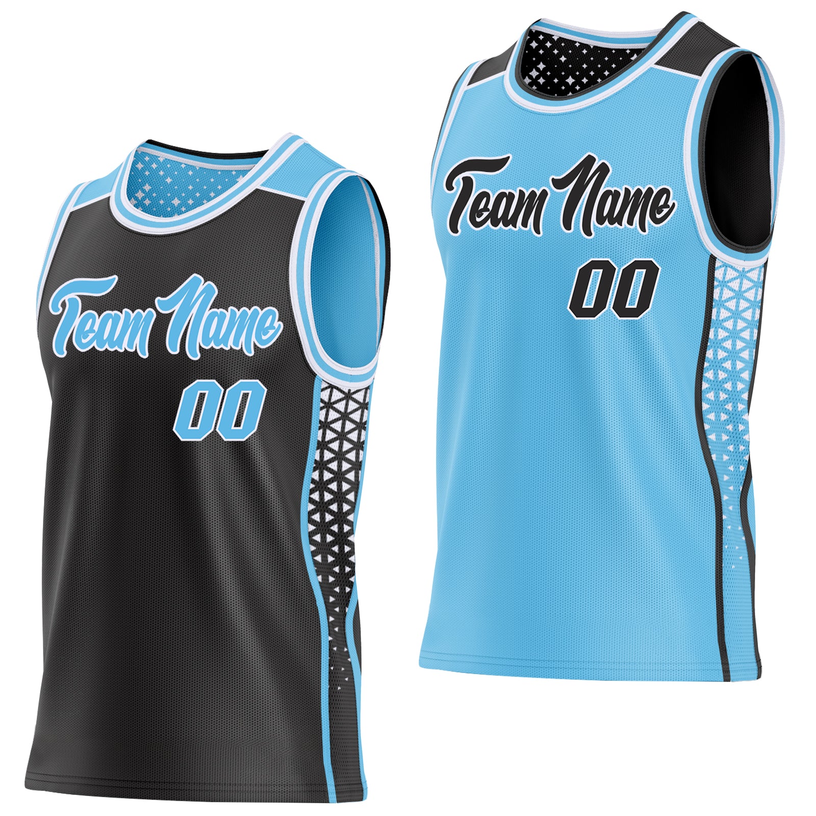 Custom Black Sky Blue-White Side Panel Stripe Geometric Triangle Gradient Dot Reversible Double Side Sublimation Basketball Set Jersey