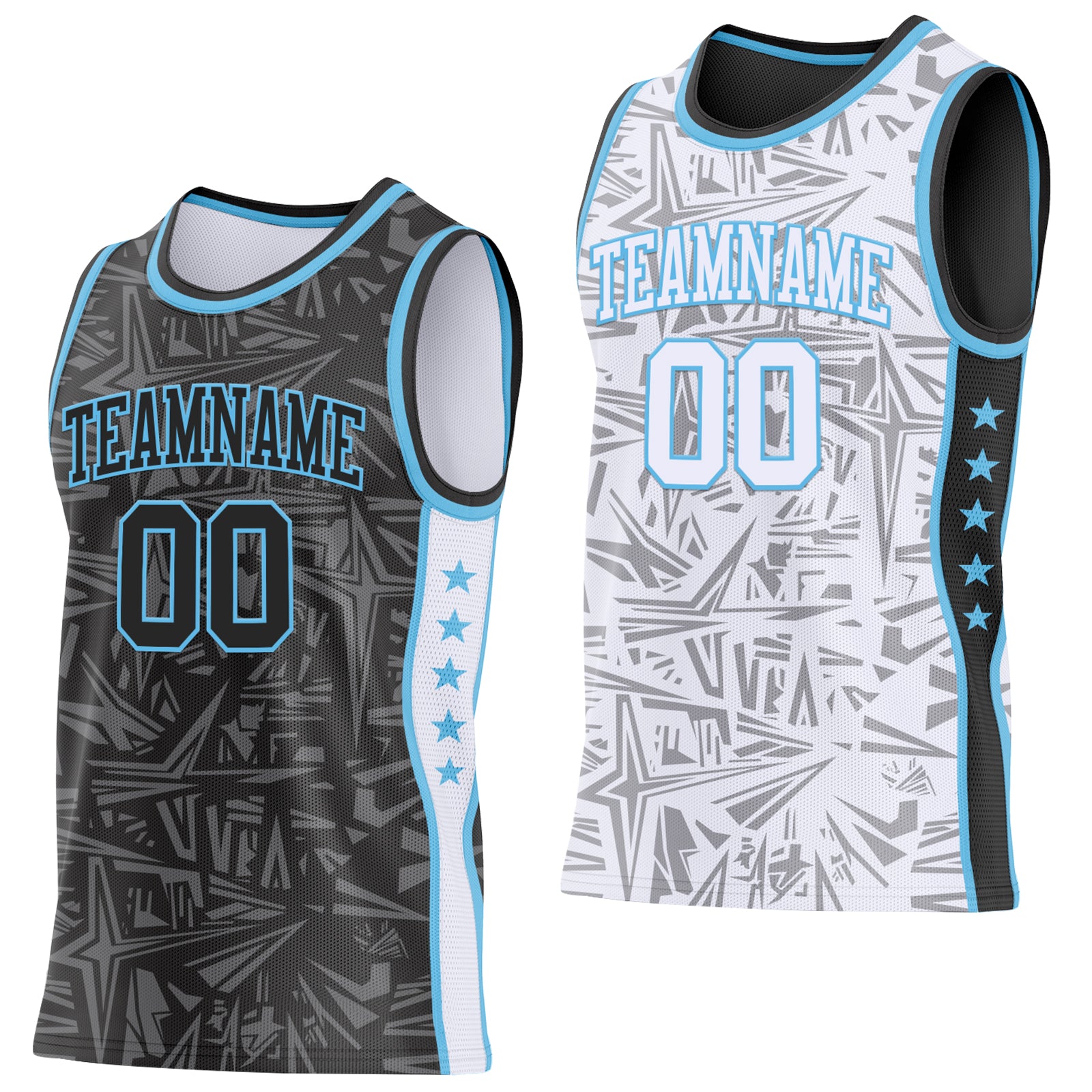 Custom Black Sky Blue-White Side Panel Stripe Stars Geometric Shatter Starburst Reversible Double Side Sublimation Basketball Set Jersey
