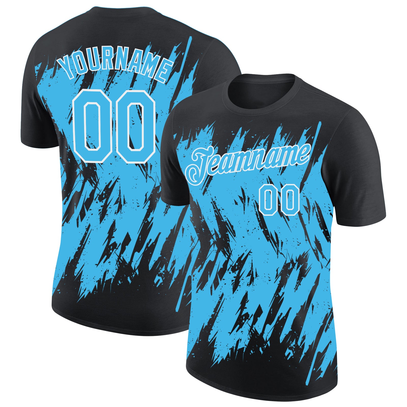 Custom Black Sky Blue-White Torn Sharp Brush Stroke Splatter Performance T-Shirt
