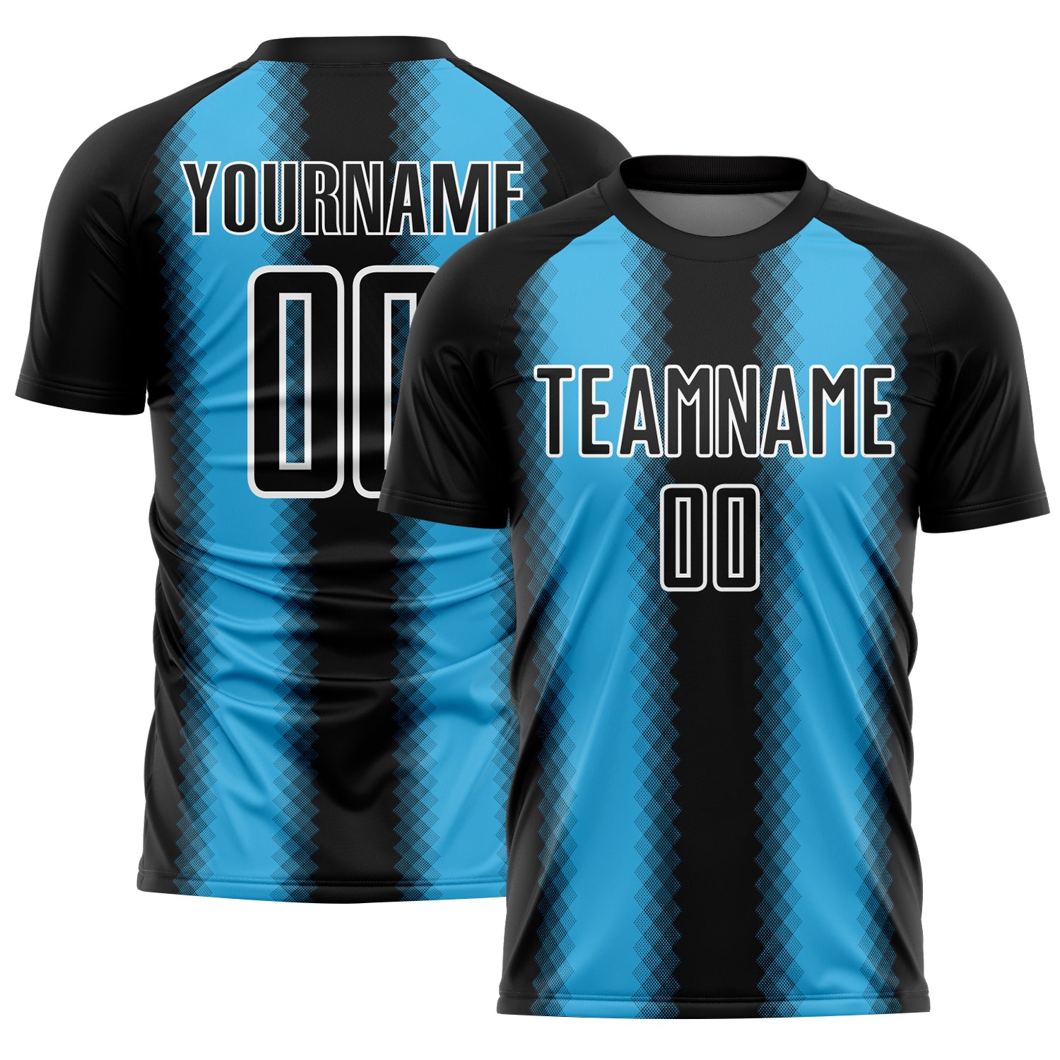 Custom Black Sky Blue-White Zigzag Diamond Stripe Sports Sublimation Soccer Uniform Jersey