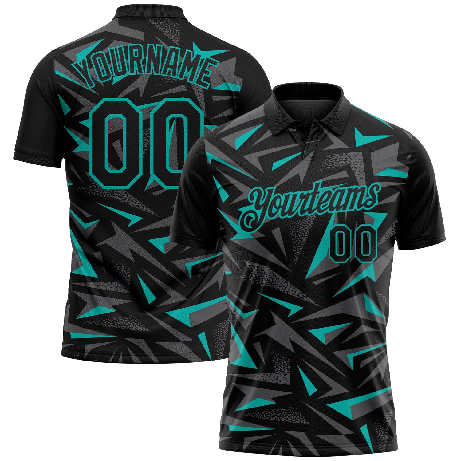 Custom Black Steel Gray-Aqua Cyber Mecha E-sport Geometric Shards Spike Performance Polo Shirt