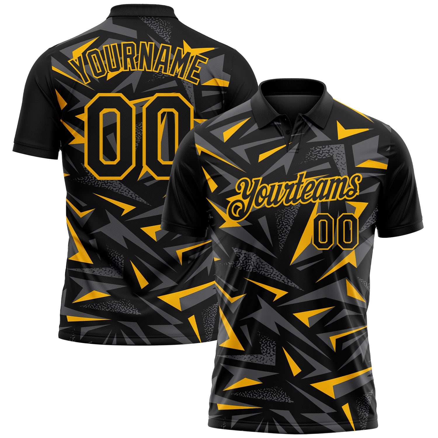 Custom Black Steel Gray-Gold Cyber Mecha E-sport Geometric Shards Spike Performance Polo Shirt