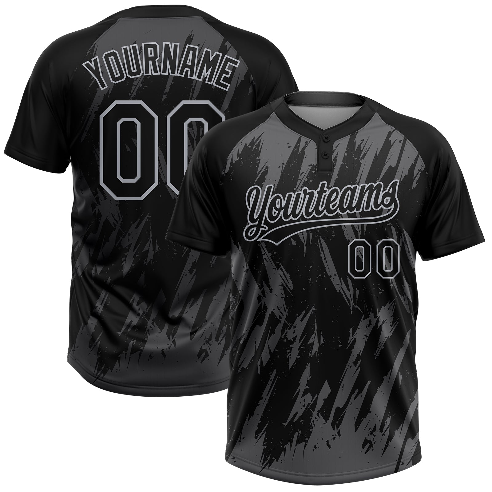 Custom Black Steel Gray-Gray Splatter Torn Sharp Brush Stroke Two-Button Unisex Softball Jersey