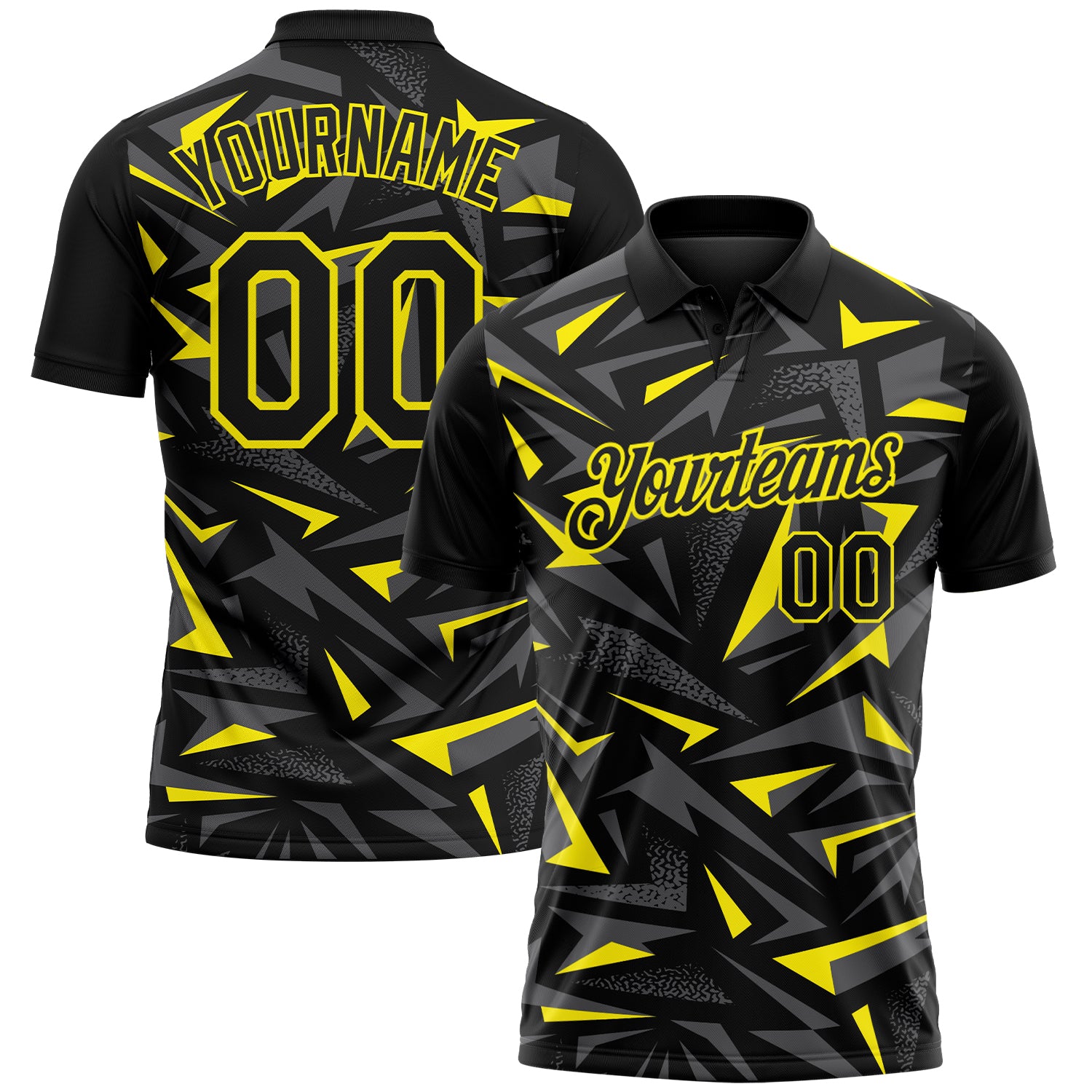 Custom Black Steel Gray-Light Yellow Cyber Mecha E-sport Geometric Shards Spike Performance Polo Shirt