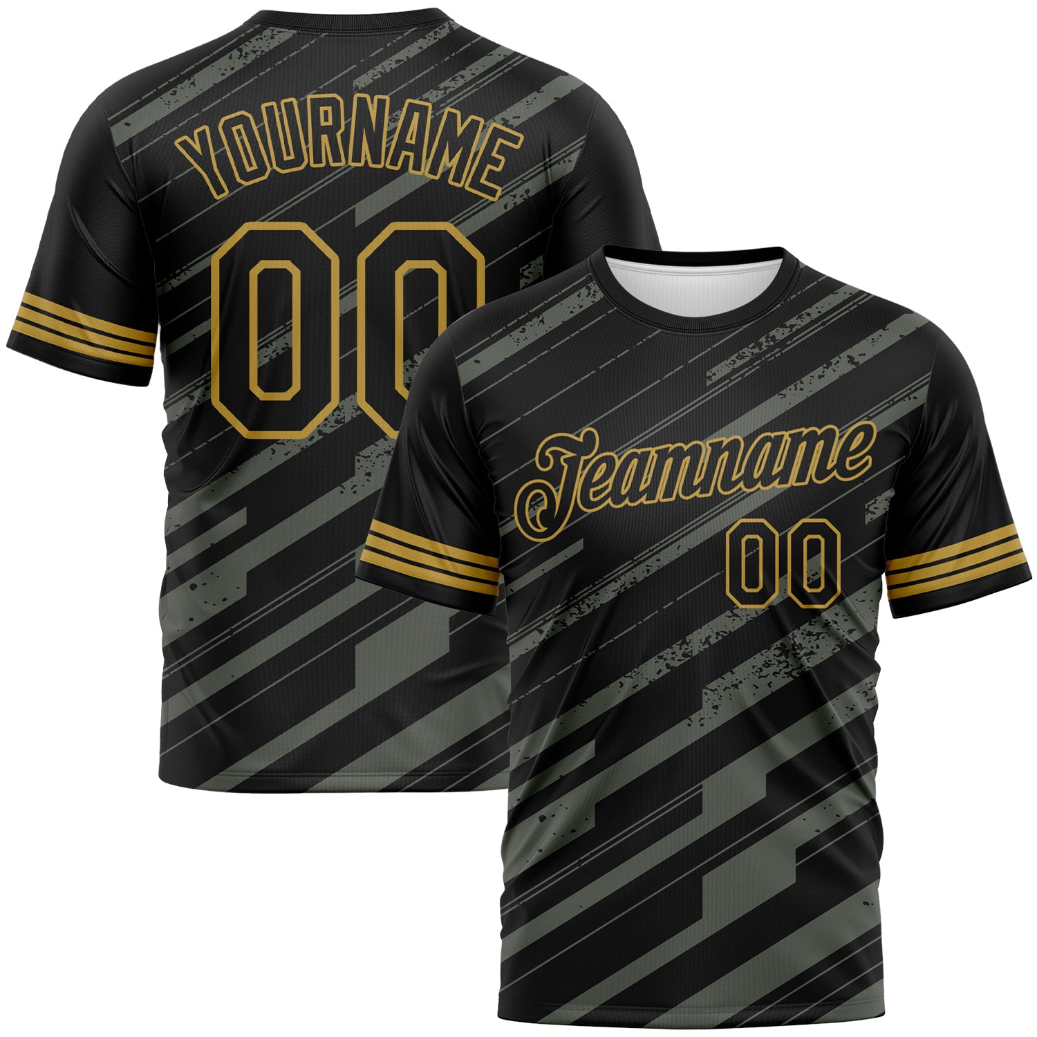 Custom Black Steel Gray-Old Gold 3D Pattern Diagonal Stripe Speed Line Performance T-Shirt