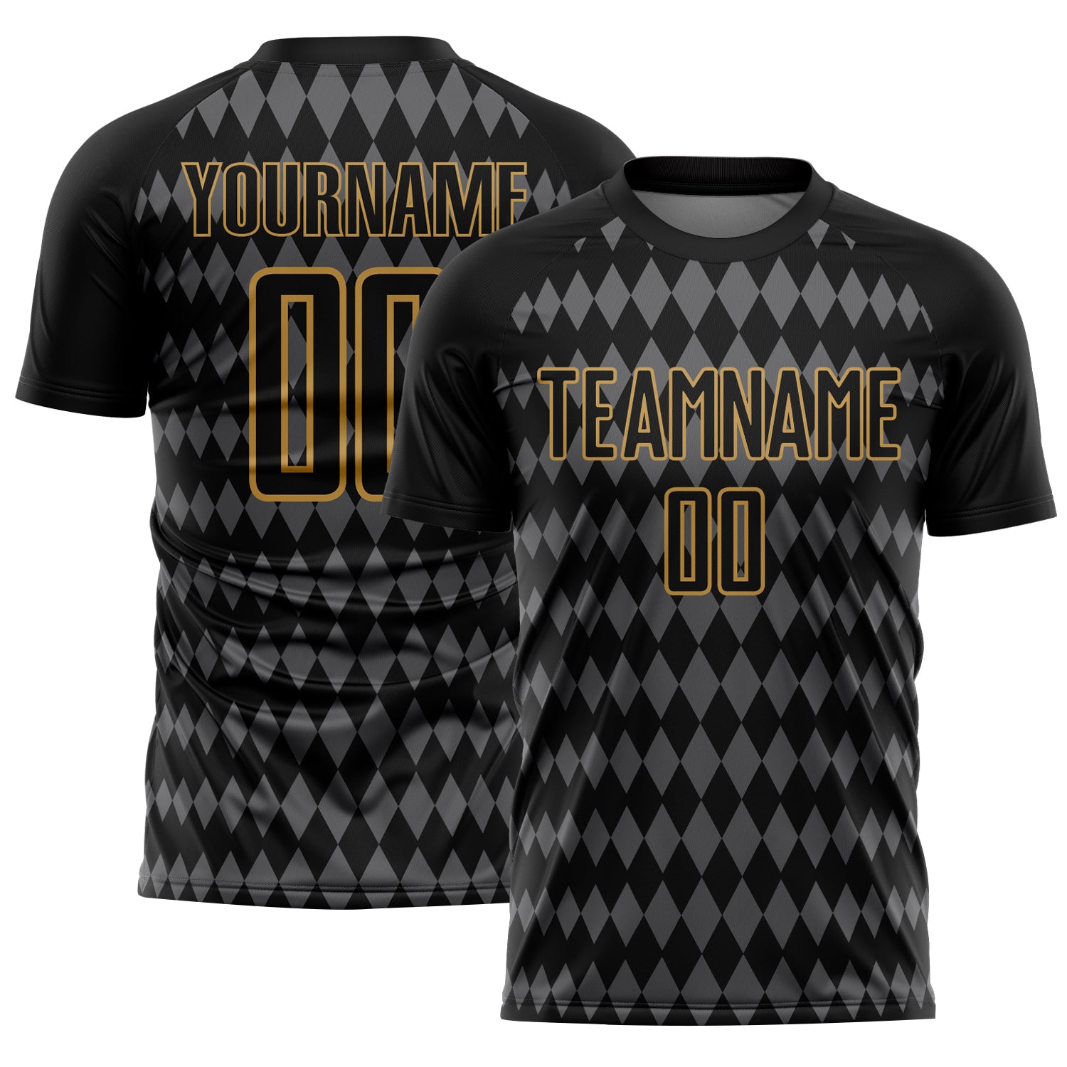 Custom Black Steel Gray-Old Gold Diamond Harlequin Check Sports Sublimation Soccer Uniform Jersey
