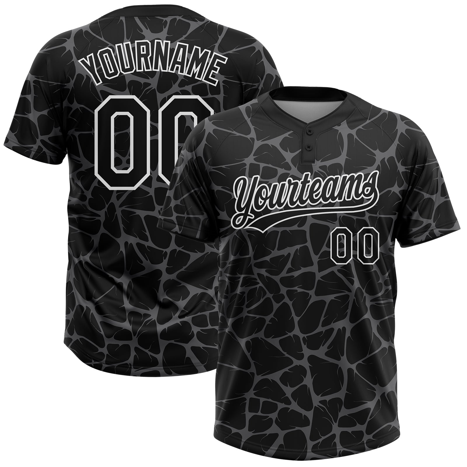 Custom Black Steel Gray-White 3D Pattern Design Abstract Network Crackle Two-Button Unisex Softball Jersey