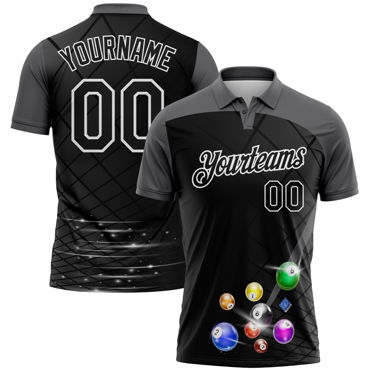 Custom Black Steel Gray-White Billiard Balls Performance Polo Shirt