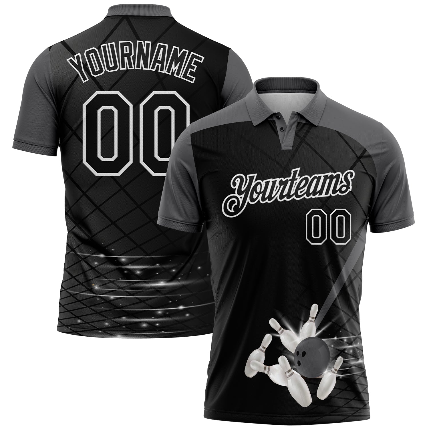 Custom Black Steel Gray-White Bowling Geometric Grid Performance Polo Shirt