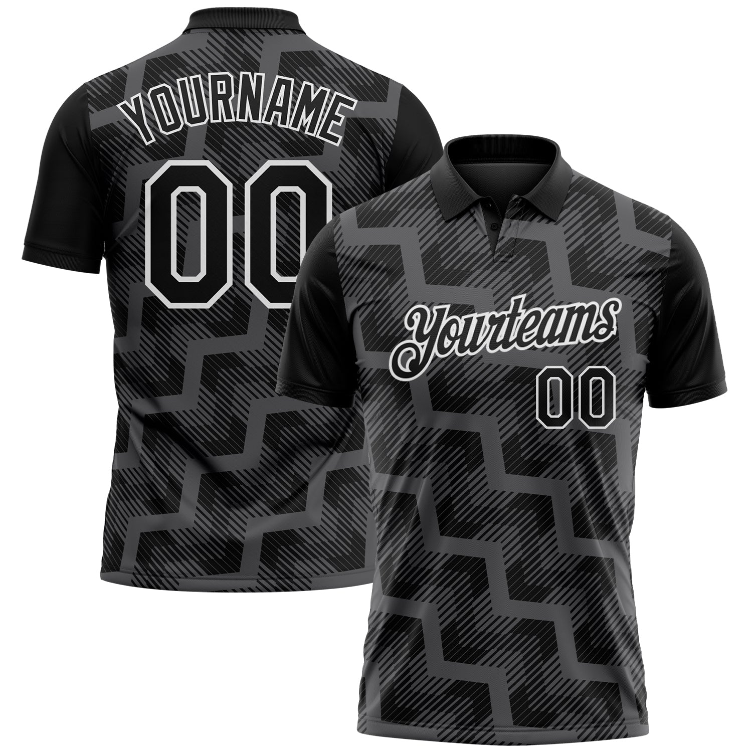 Custom Black Steel Gray-White Geometric Block Diagonal Line Hatching Performance Polo Shirt