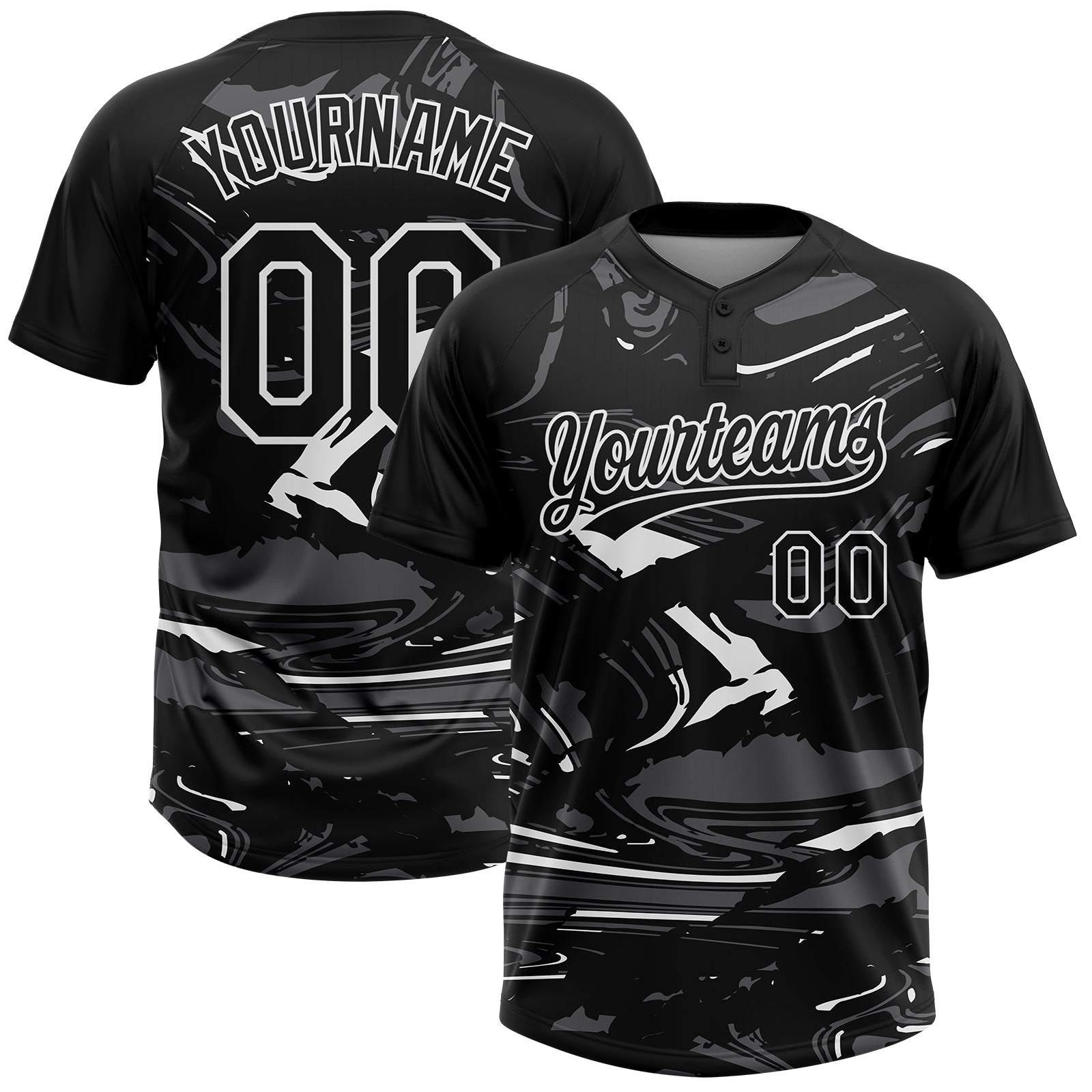 Custom Black Steel Gray-White Raglan Sleeves Abstract Fluid Marble Two-Button Unisex Softball Jersey