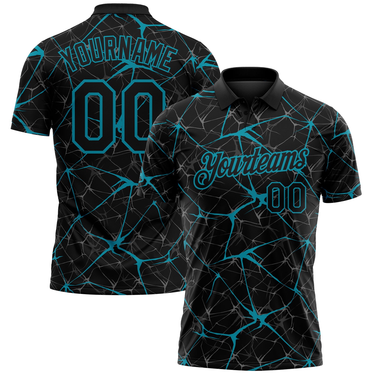 Custom Black-Teal 3D Pattern Abstract Network Crackle Performance Polo Shirt