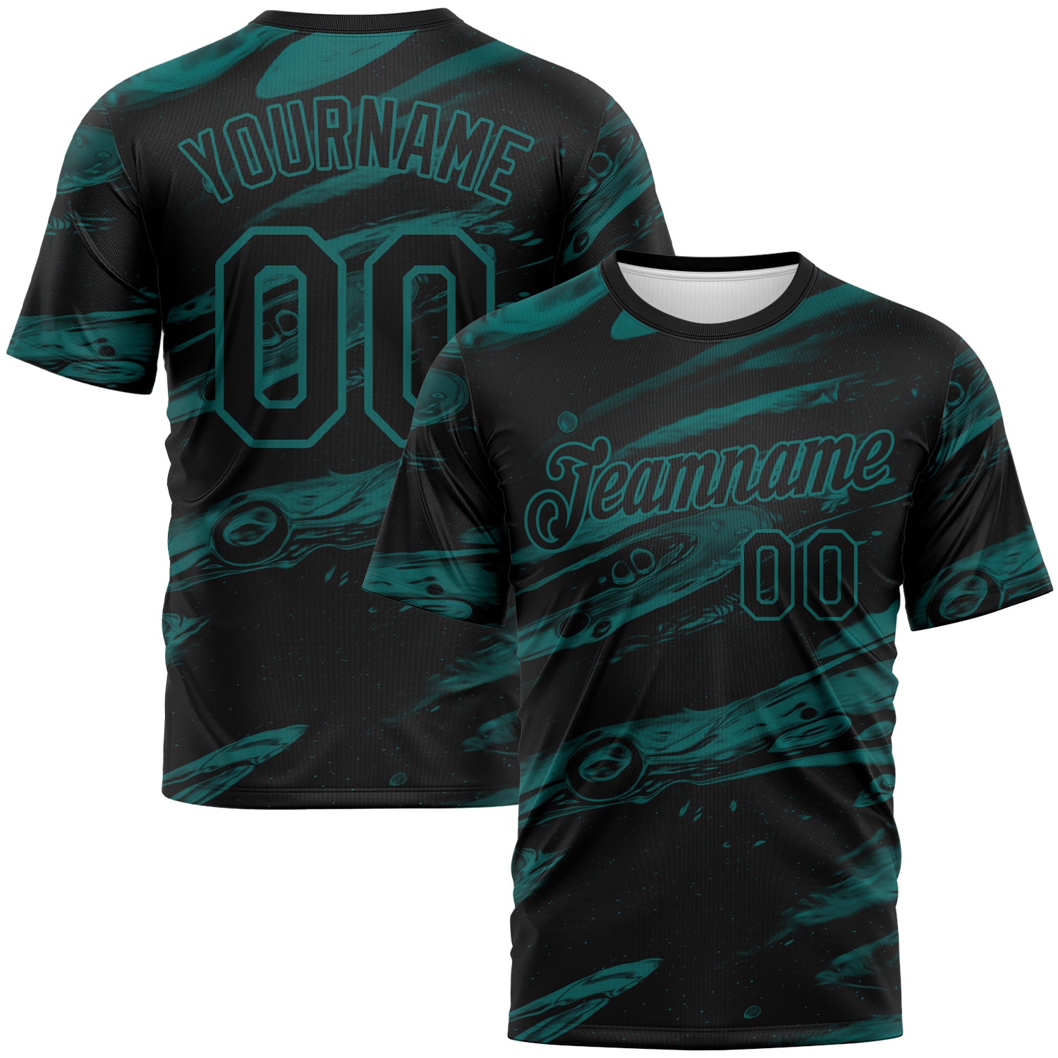 Custom Black-Teal 3D Pattern Lava Splash Ink Wash Performance T-Shirt