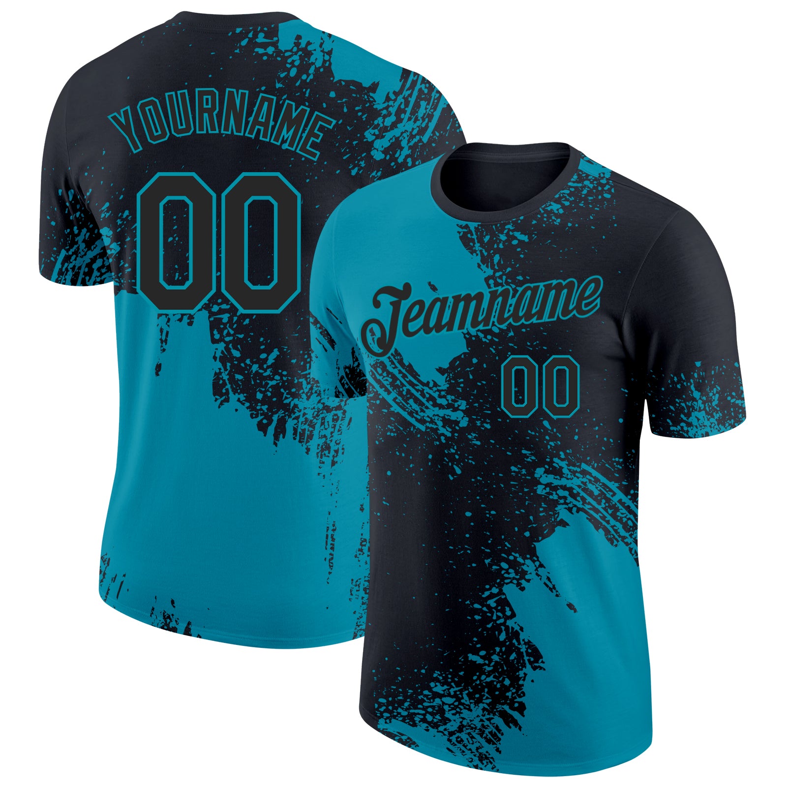 Custom Black-Teal Abstract Brush Stroke Performance T-Shirt