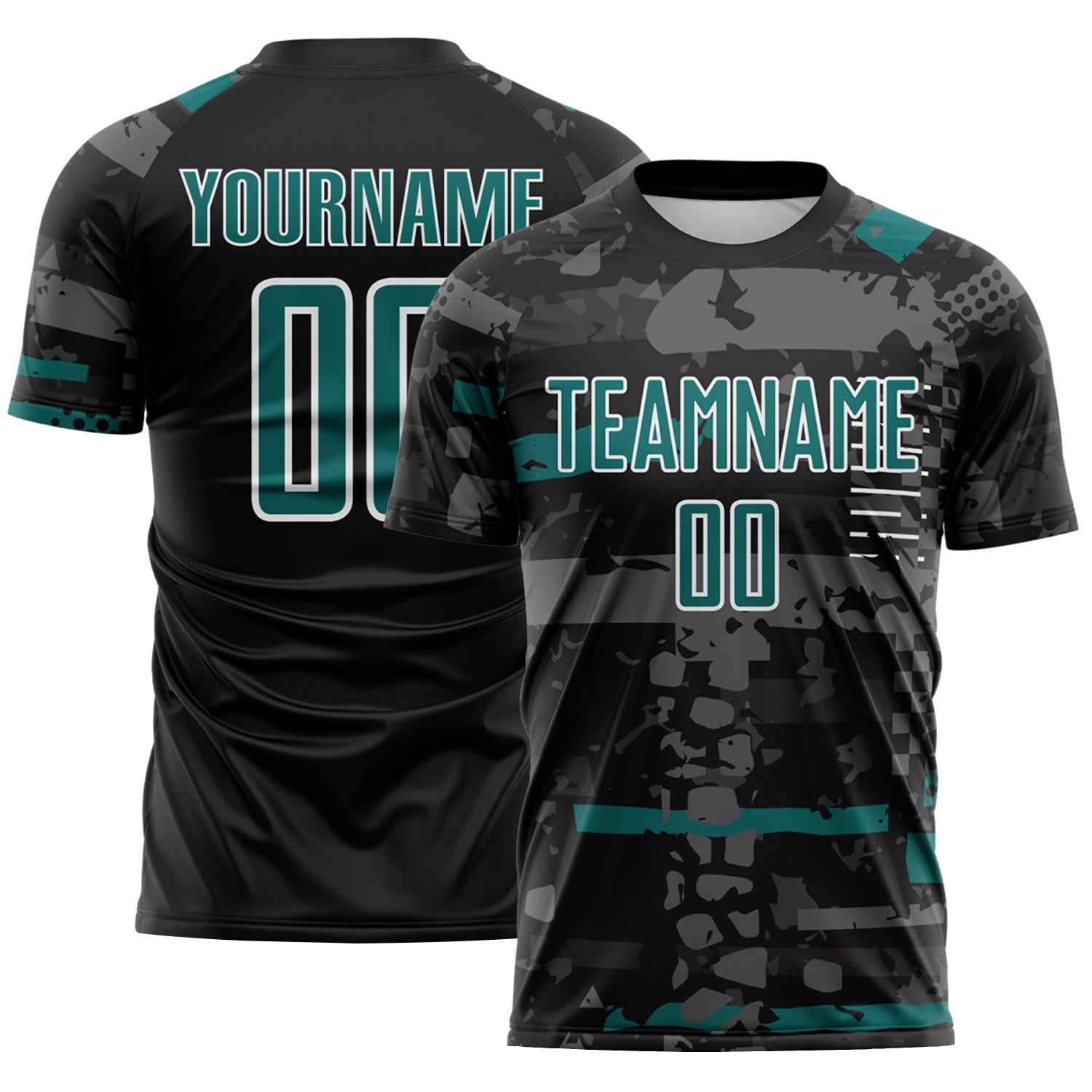 Custom Black Teal Gray-White Abstract Geometric Stripe Fragment Sublimation Soccer Uniform Jersey