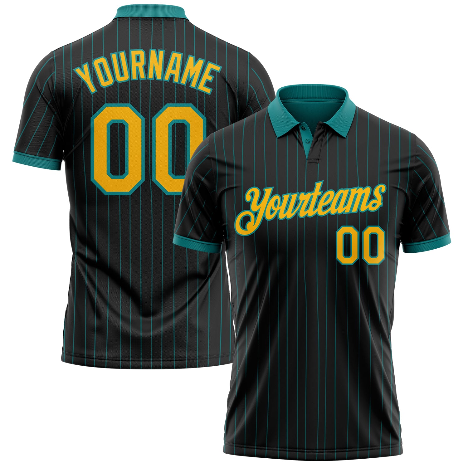 Custom Black Teal Pinstripe-Gold Performance Polo Shirt
