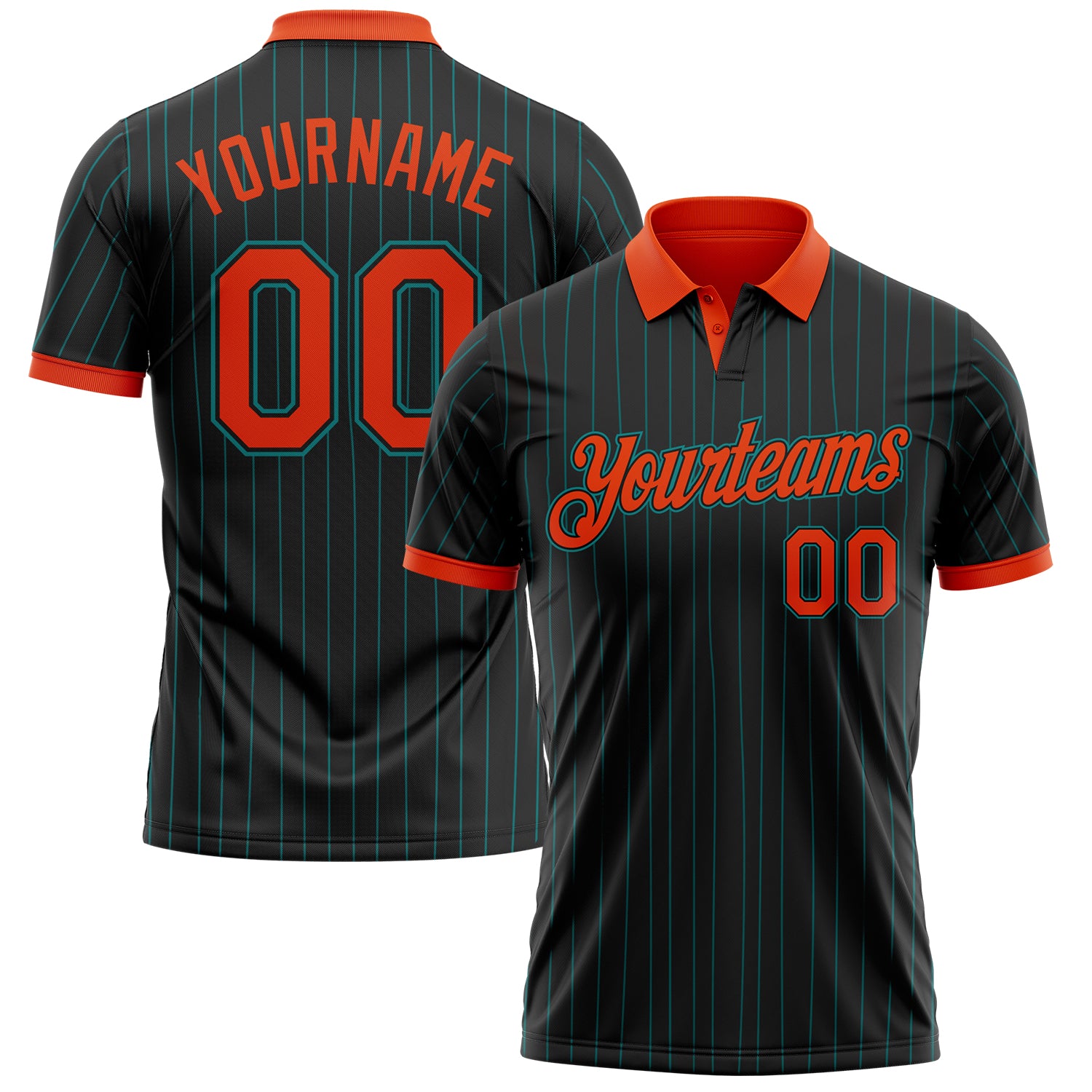 Custom Black Teal Pinstripe Orange-Teal Performance Polo Shirt