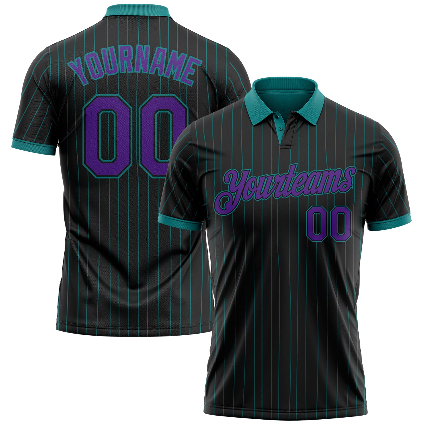 Custom Black Teal Pinstripe-Purple Performance Polo Shirt