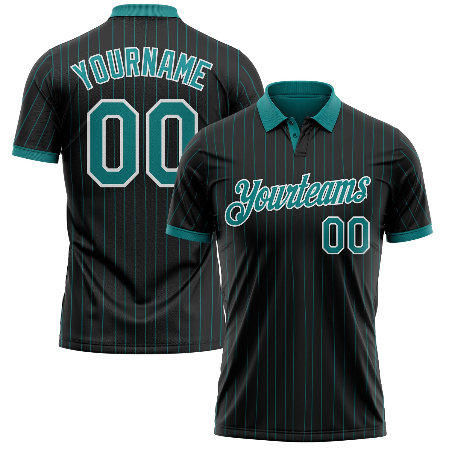 Custom Black Teal Pinstripe-White Performance Polo Shirt