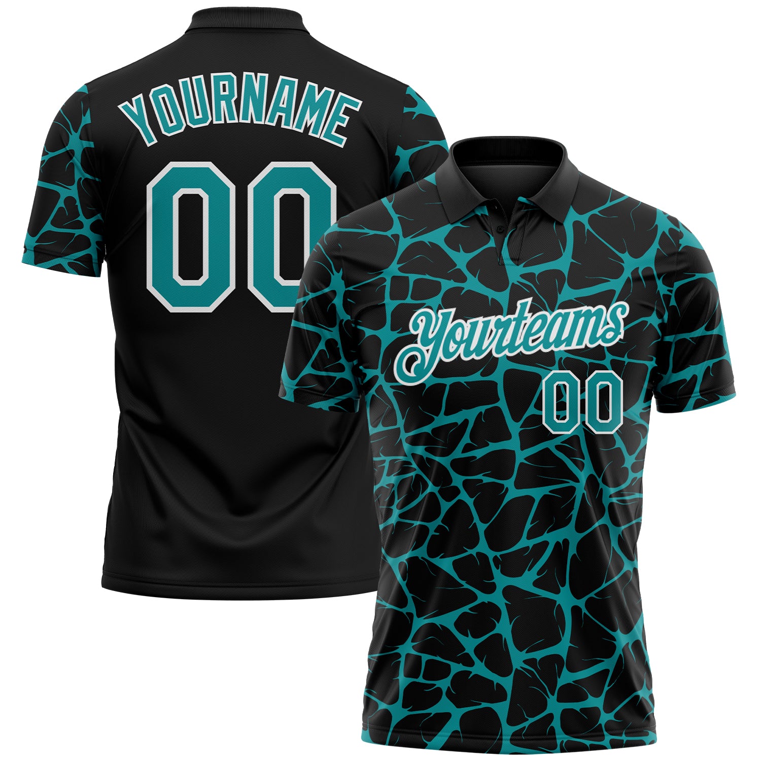 Custom Black Teal-White 3D Pattern Abstract Network Crackle Performance Polo Shirt