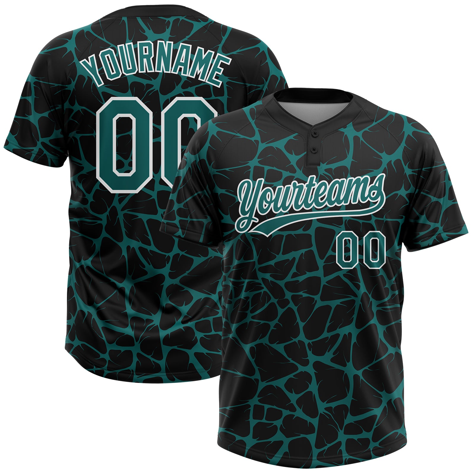 Custom Black Teal-White 3D Pattern Design Abstract Network Crackle Two-Button Unisex Softball Jersey