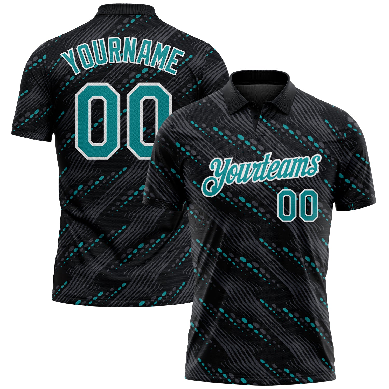 Custom Black Teal-White 3D Pattern Slant Lines Cyber Mecha Tech Performance Polo Shirt