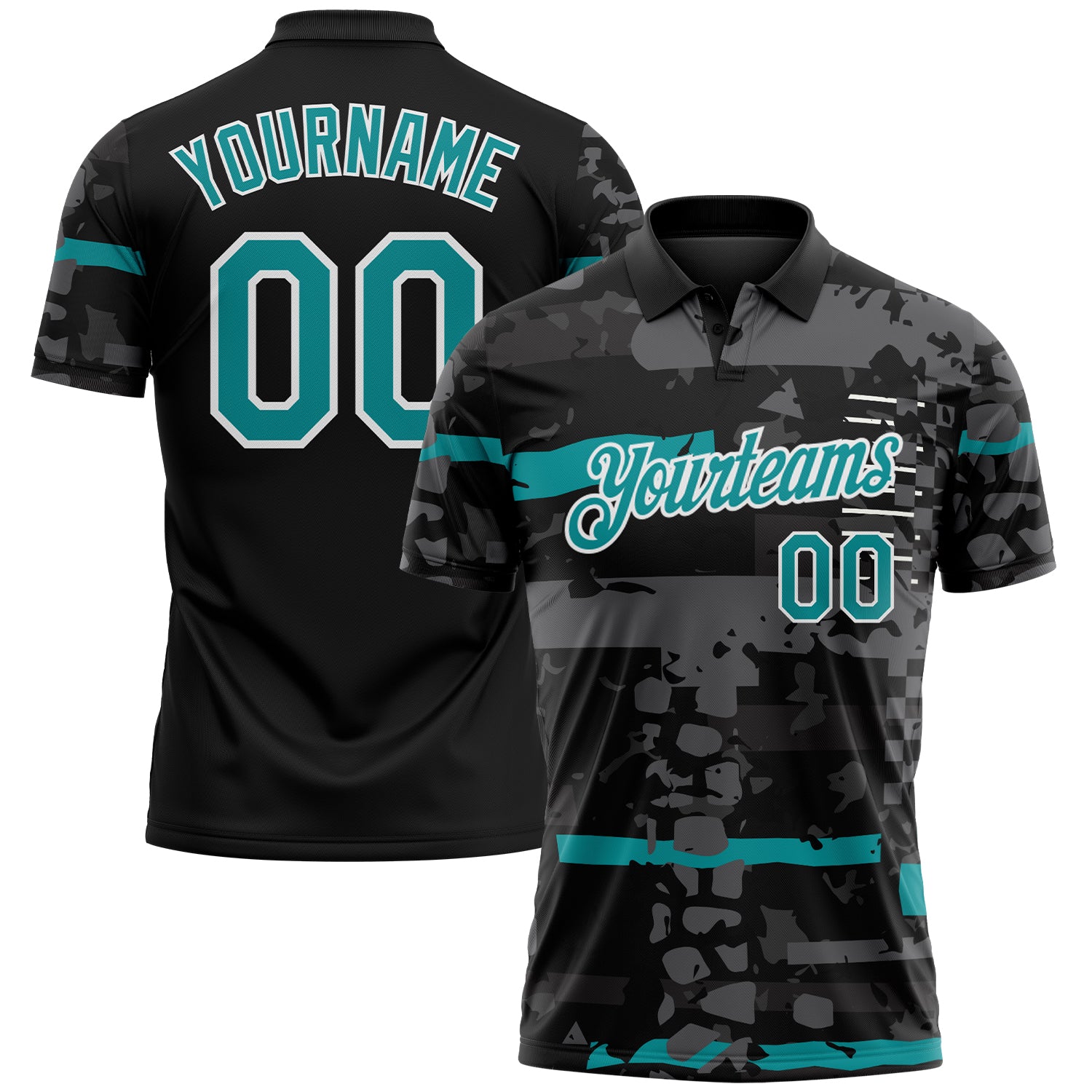 Custom Black Teal-White Abstract Geometric Grunge Fragment Performance Polo Shirt