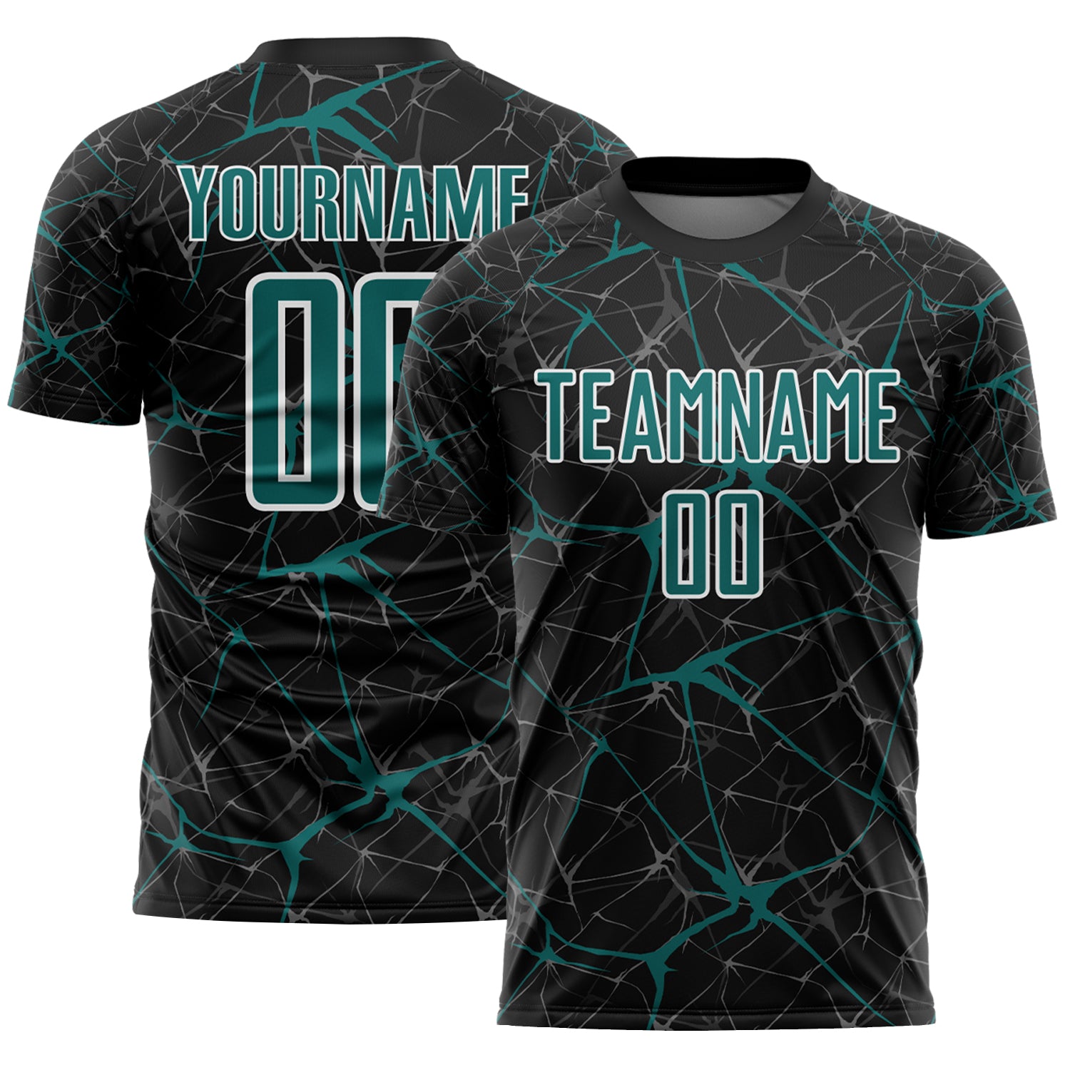 Custom Black Teal-White Abstract Network Crackle Sublimation Soccer Uniform Jersey