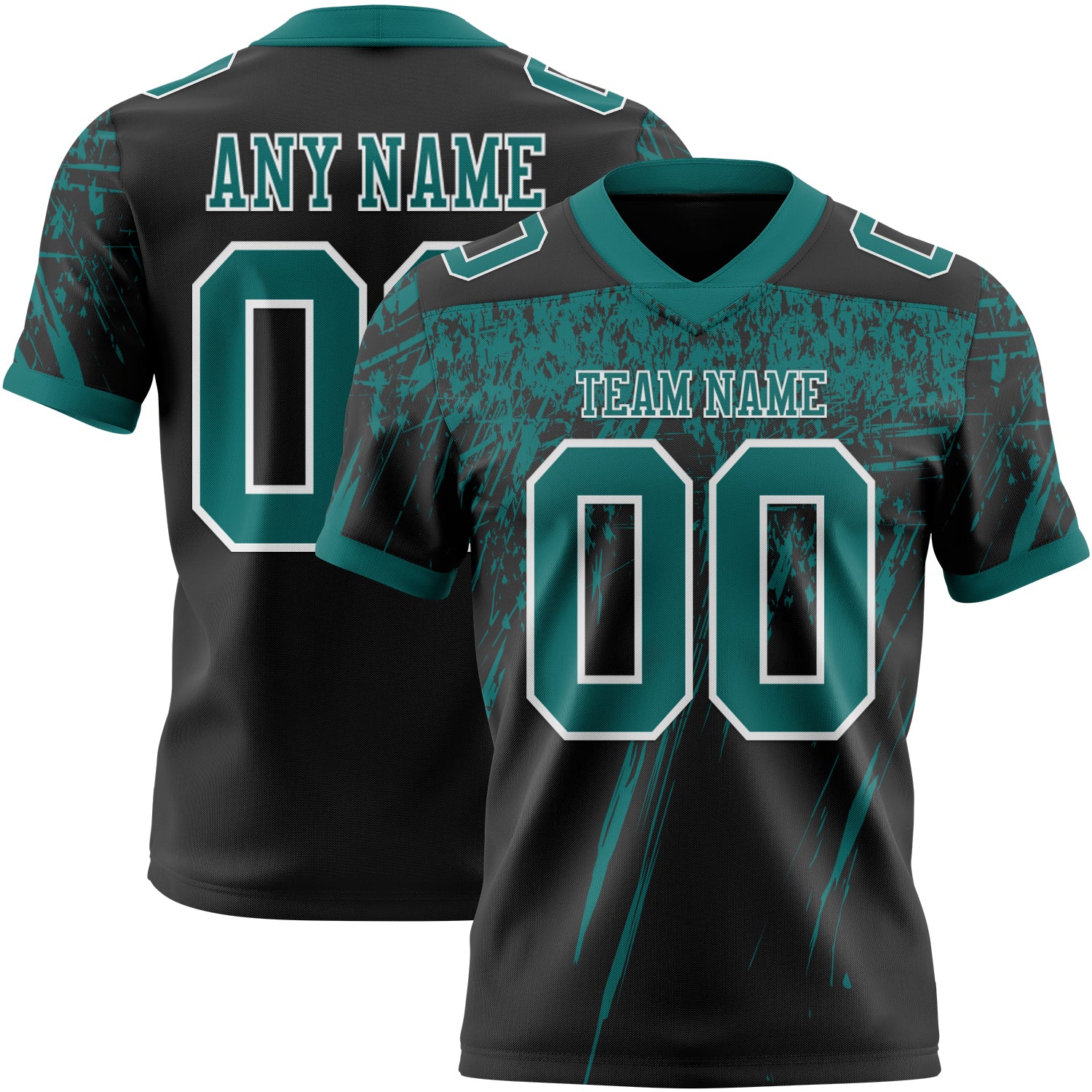 Custom Black Teal-White Authentic Distressed Scratch Brush Stroke Football Jersey