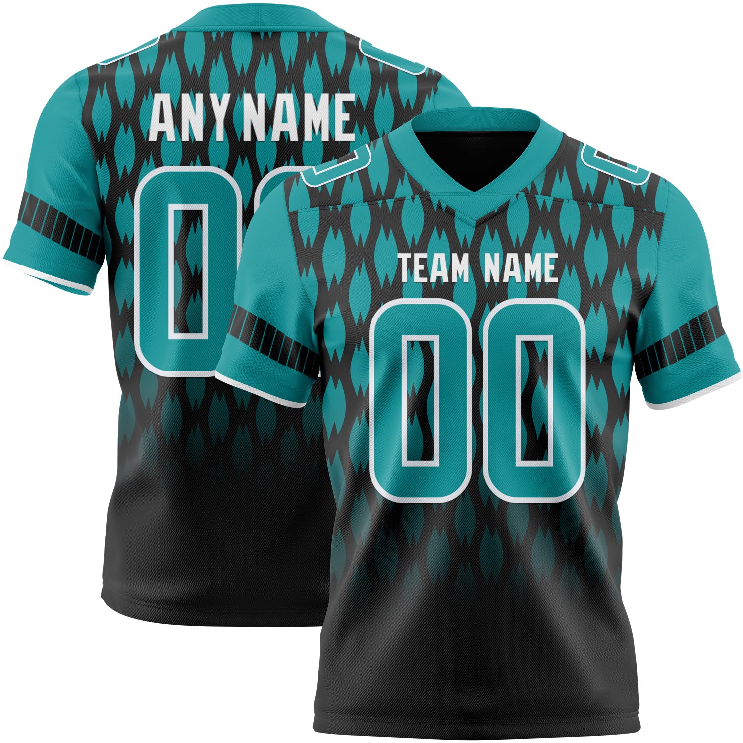 Custom Black Teal-White Authentic Geometric Pixel Grid Fade Football Jersey