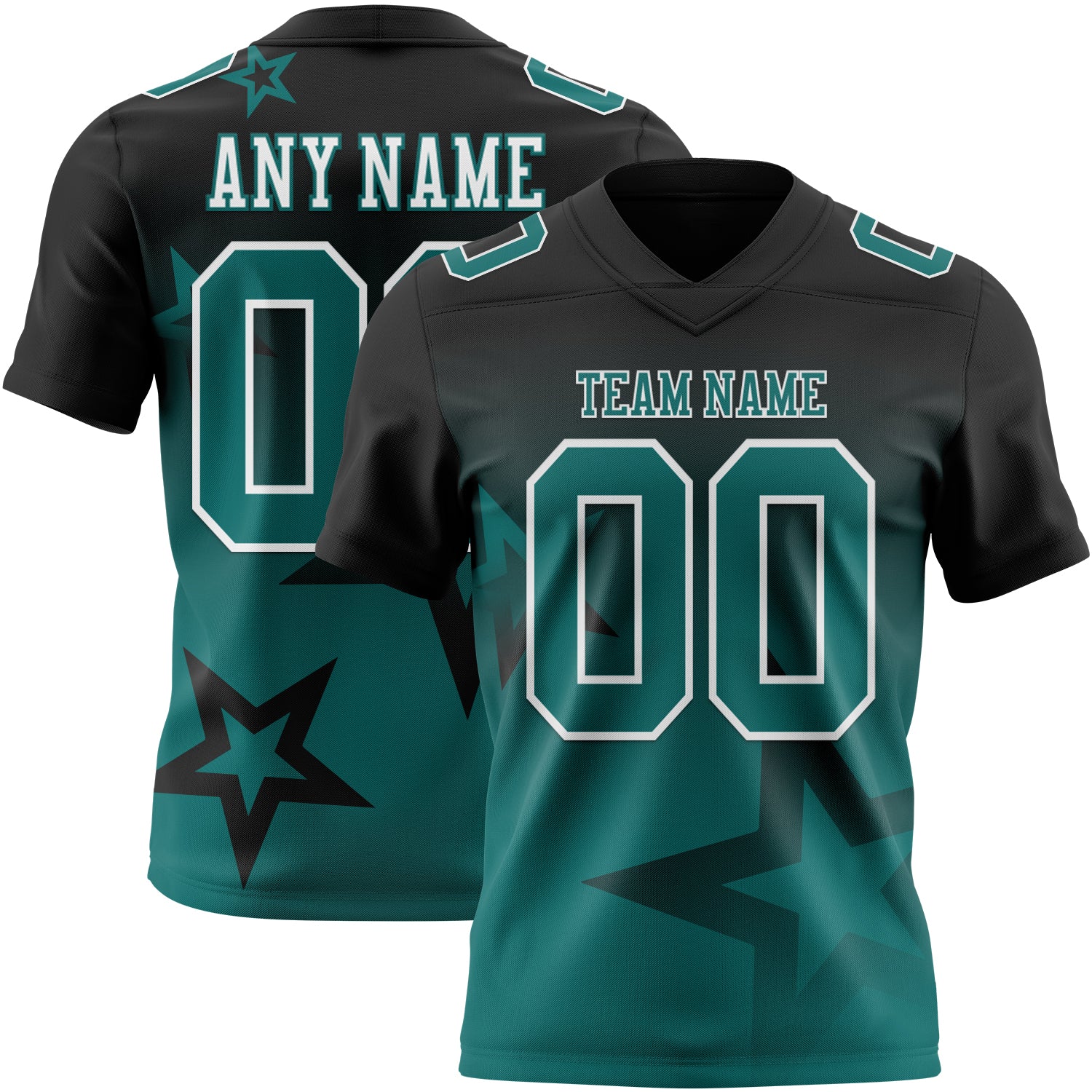 Custom Black Teal-White Authentic Star Gradient 7V7 Flag Football Jersey