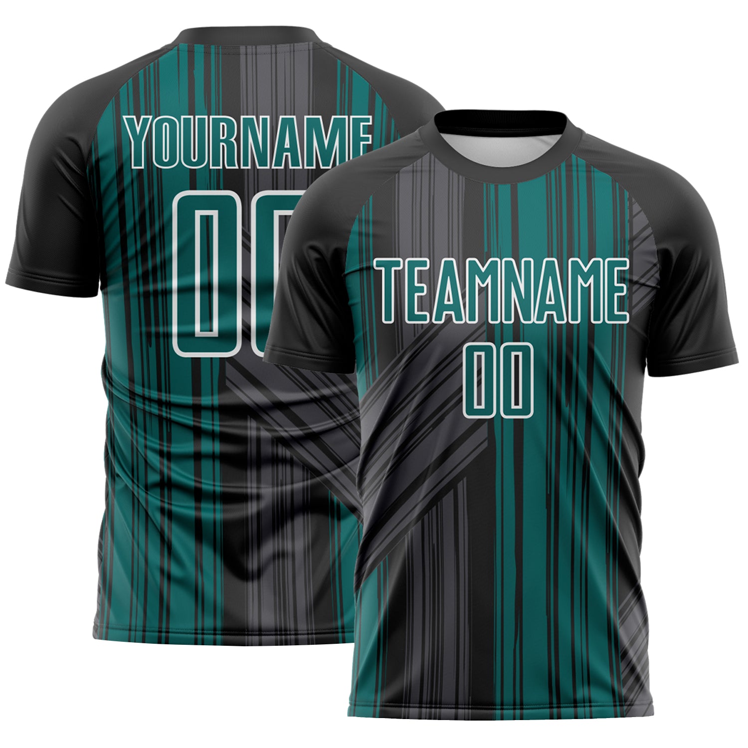 Custom Black Teal-White Brush Stroke Fluid Stripes Sublimation Soccer Uniform Jersey