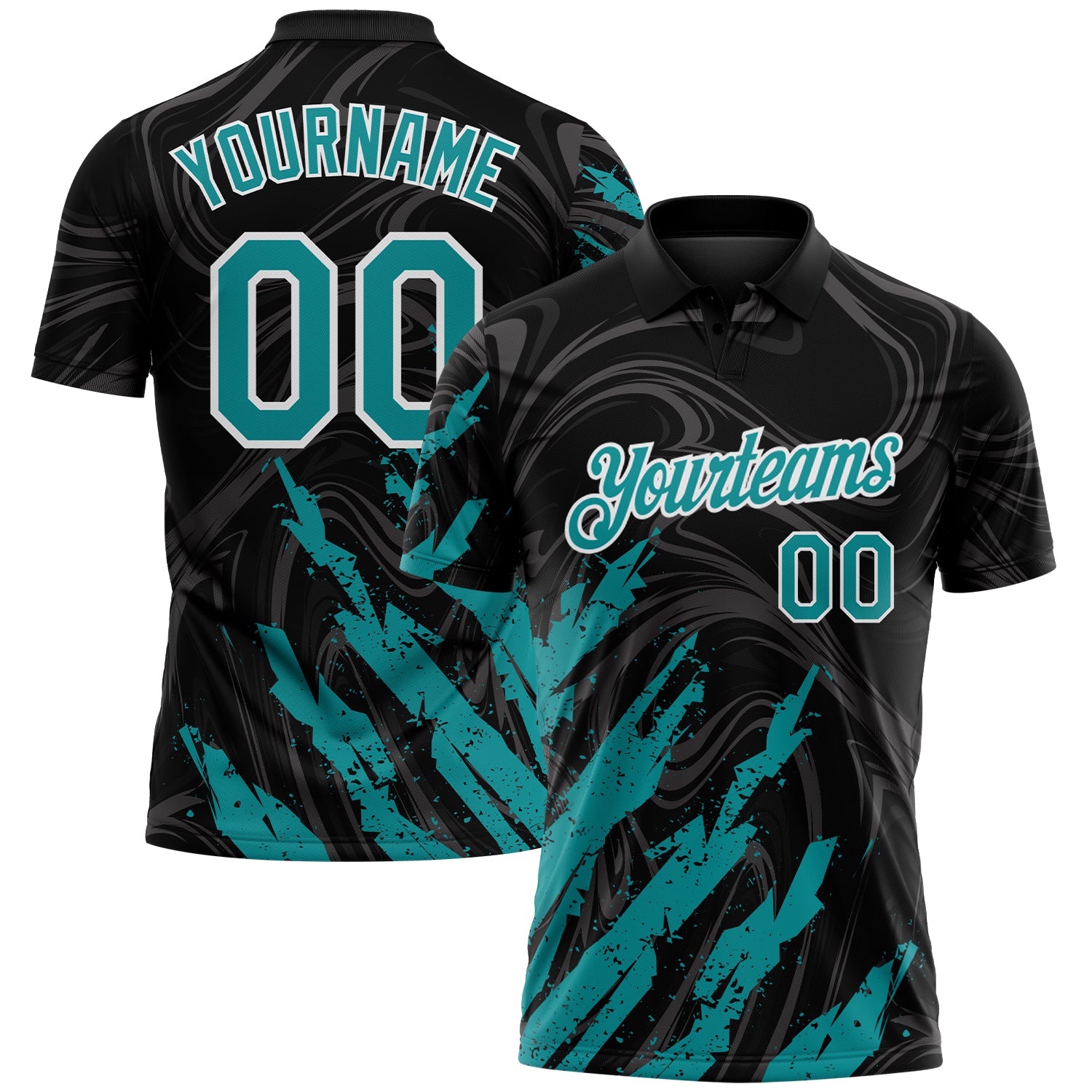 Custom Black Teal-White Brush Stroke Splatter Liquid Swirl Performance Polo Shirt