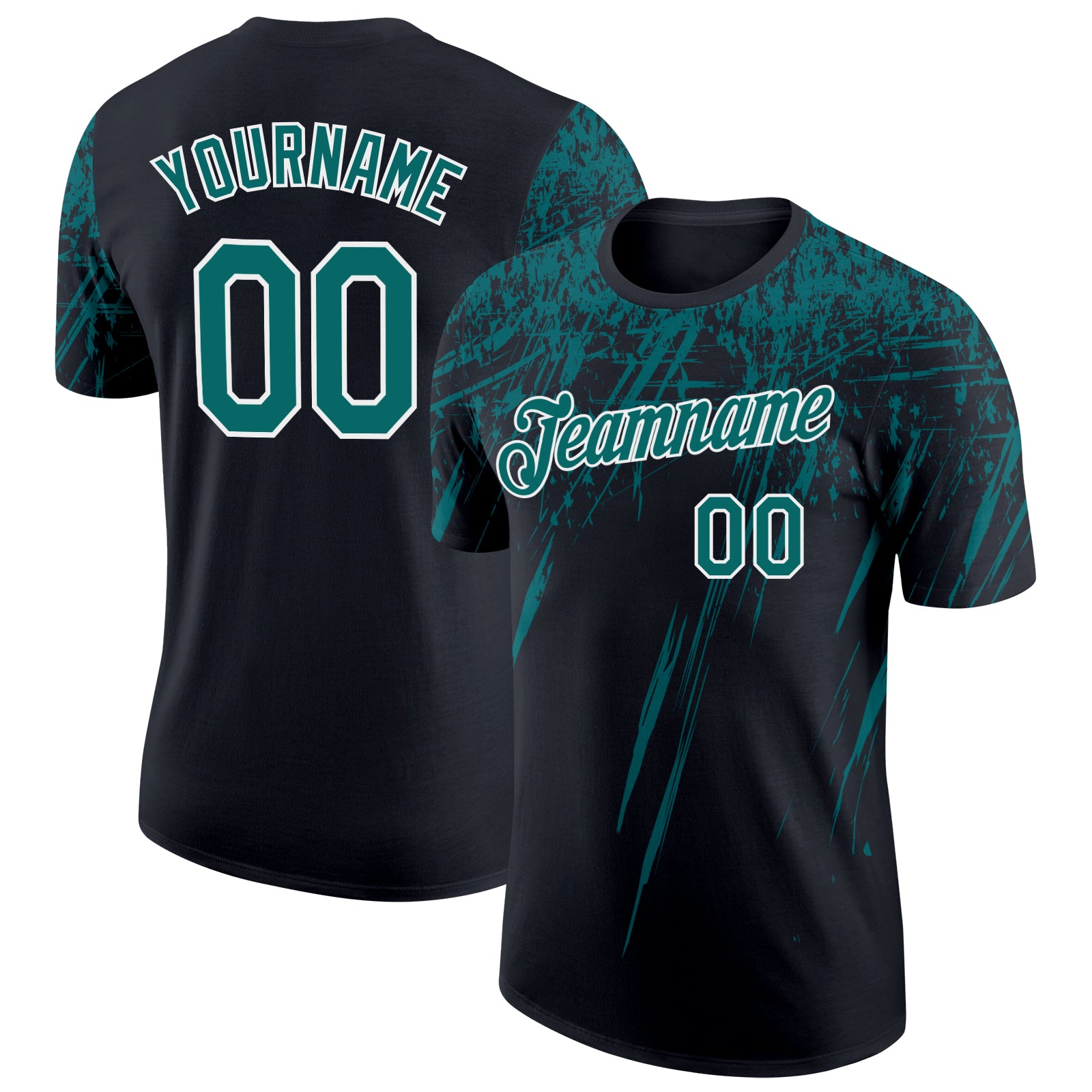 Custom Black Teal-White Distressed Scratch Brush Stroke Performance T-Shirt