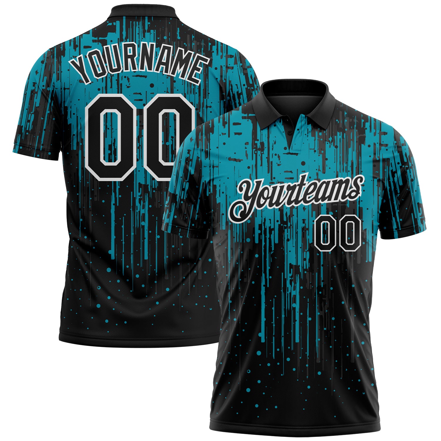 Custom Black Teal-White Dripping Splatter Paint Performance Polo Shirt