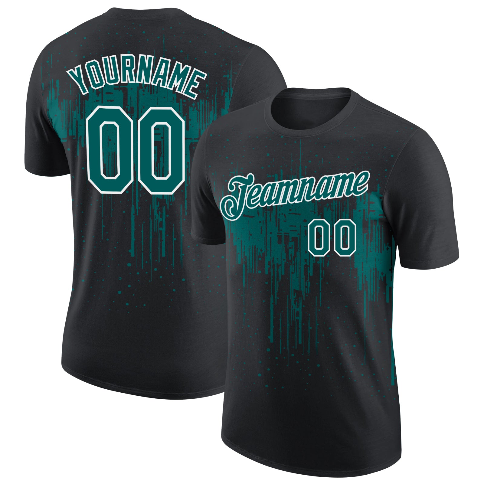 Custom Black Teal-White Dripping Splatter Paint Performance T-Shirt