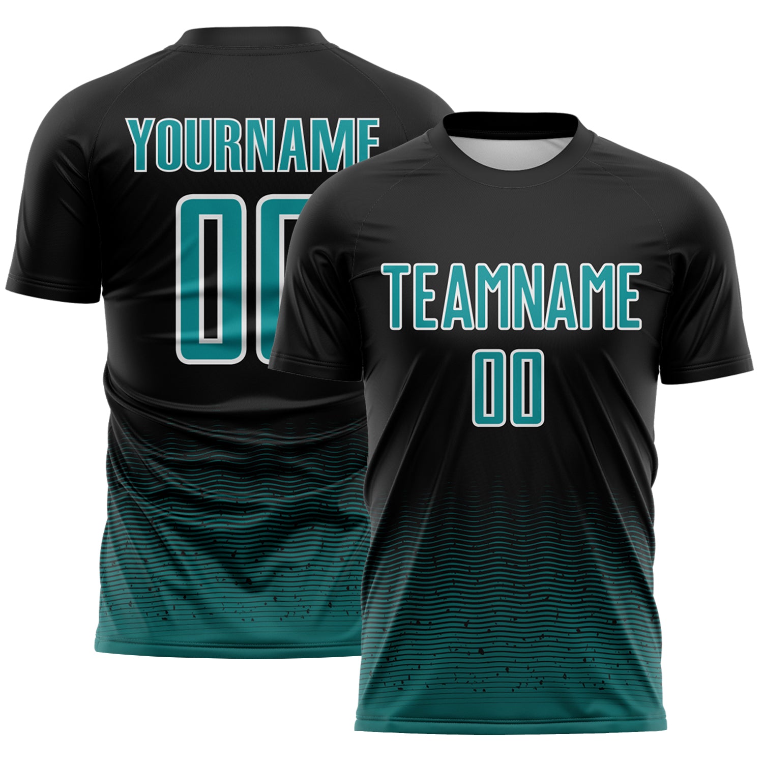 Custom Black Teal-White Fade Wave Lines Splatter Sublimation Soccer Uniform Jersey