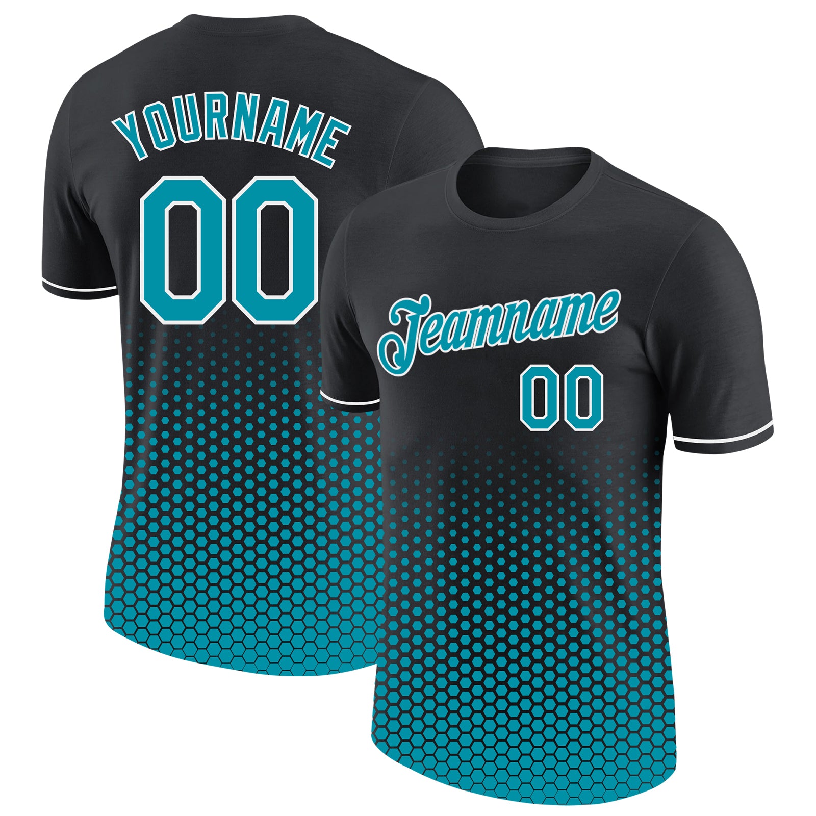 Custom Black Teal-White Geometric Hexagonal Dot Gradient Performance T-Shirt