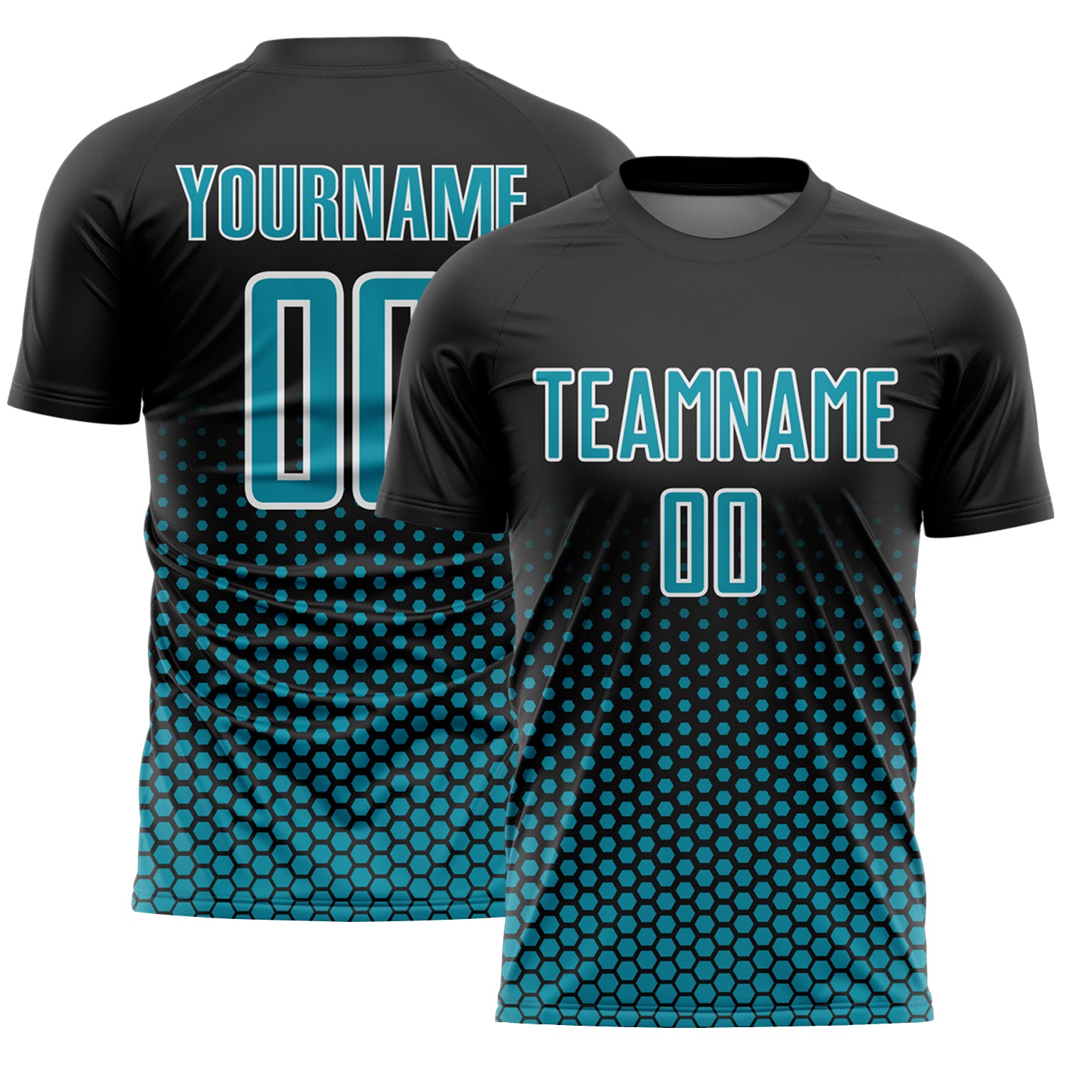 Custom Black Teal-White Geometric Hexagonal Dot Gradient Sublimation Soccer Uniform Jersey