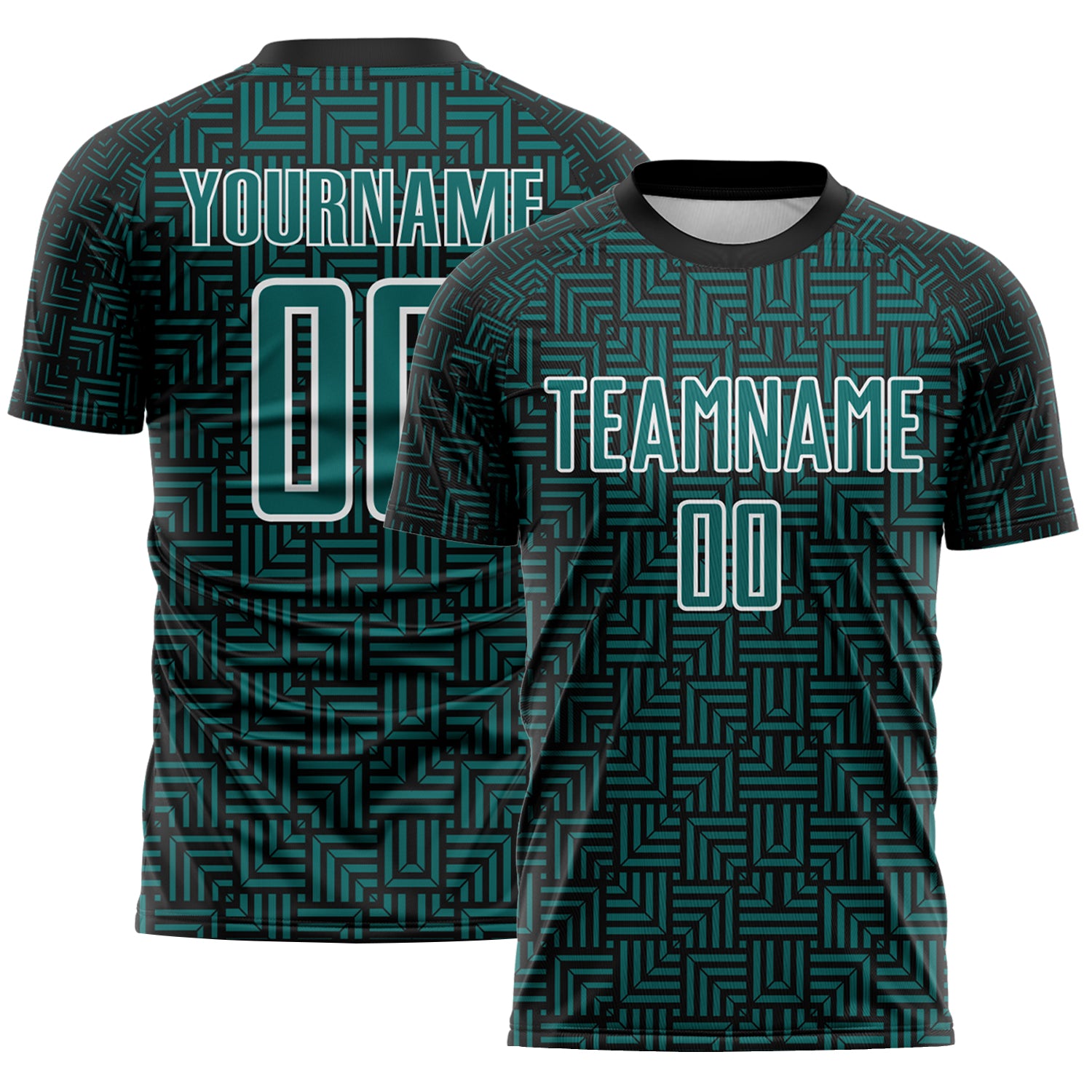 Custom Black Teal-White Geometric Maze Interlocking Square Sports Sublimation Soccer Uniform Jersey