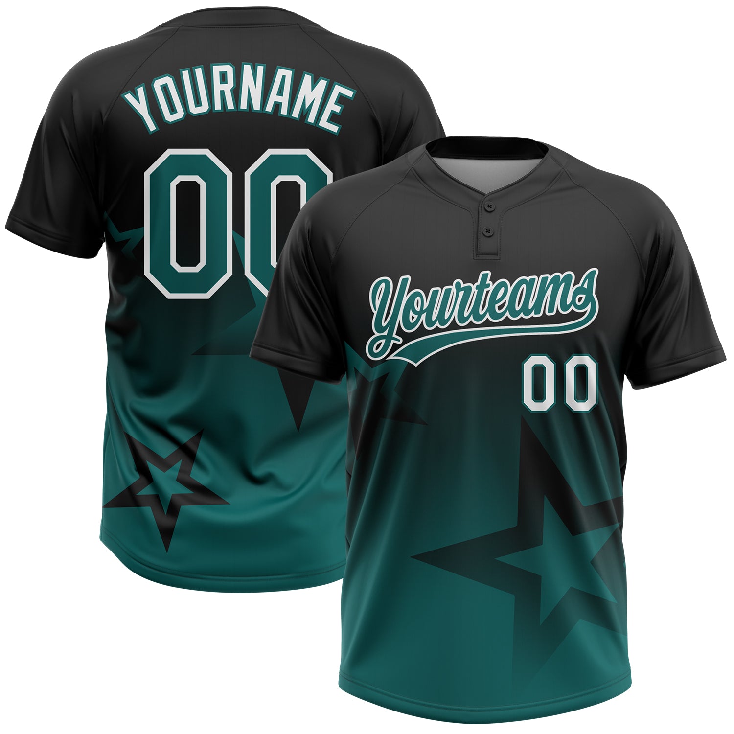 Custom Black Teal-White Gradient Style Twinkle Star Two-Button Unisex Softball Jersey