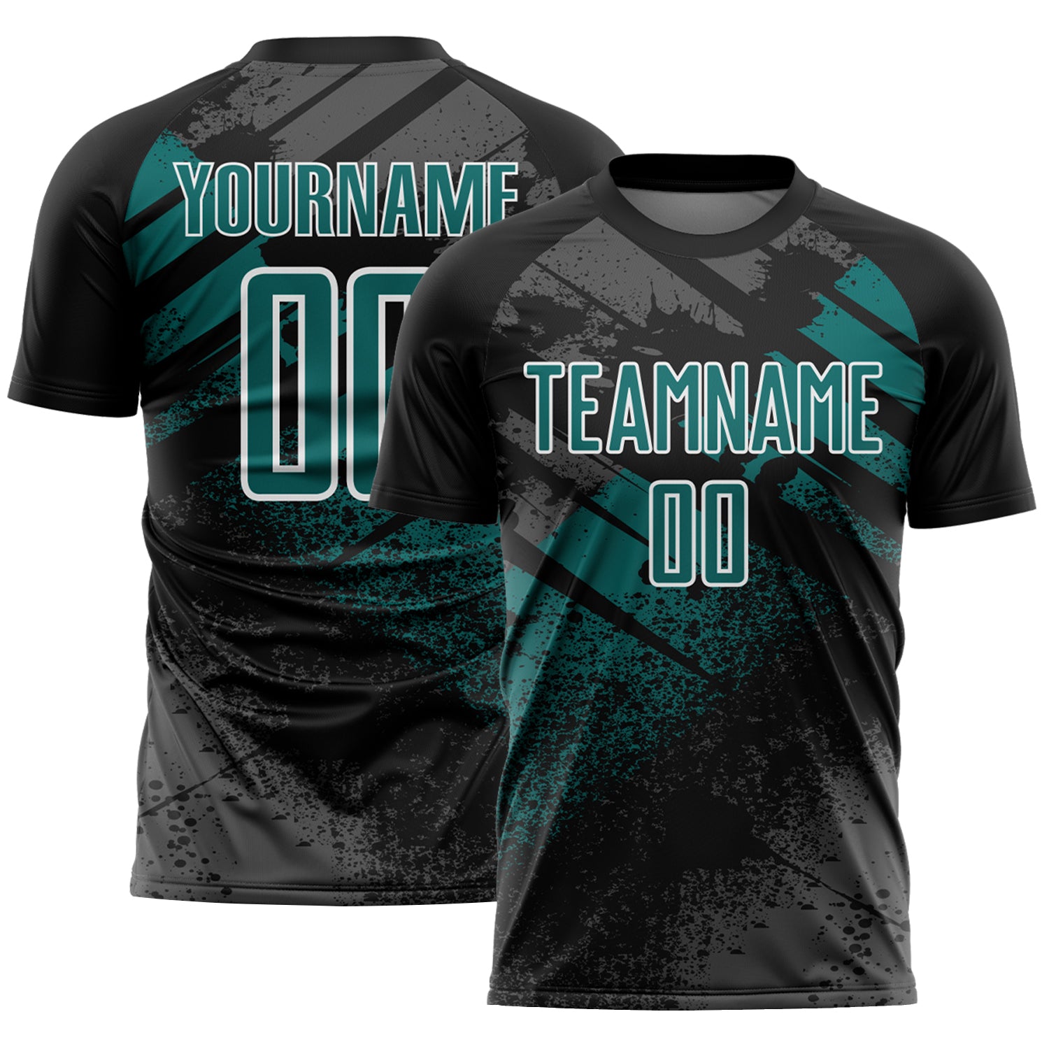 Custom Black Teal-White Grunge Splatter Brush Stroke Sublimation Soccer Uniform Jersey