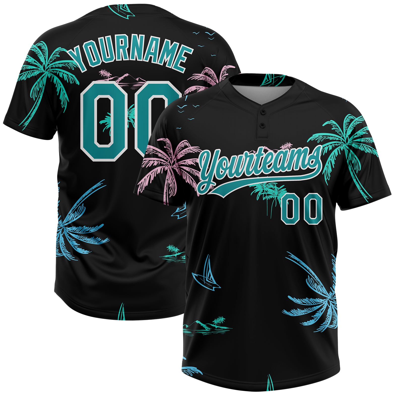 Custom Black Teal-White Hawaii Palm Trees Two-Button Unisex Softball Jersey