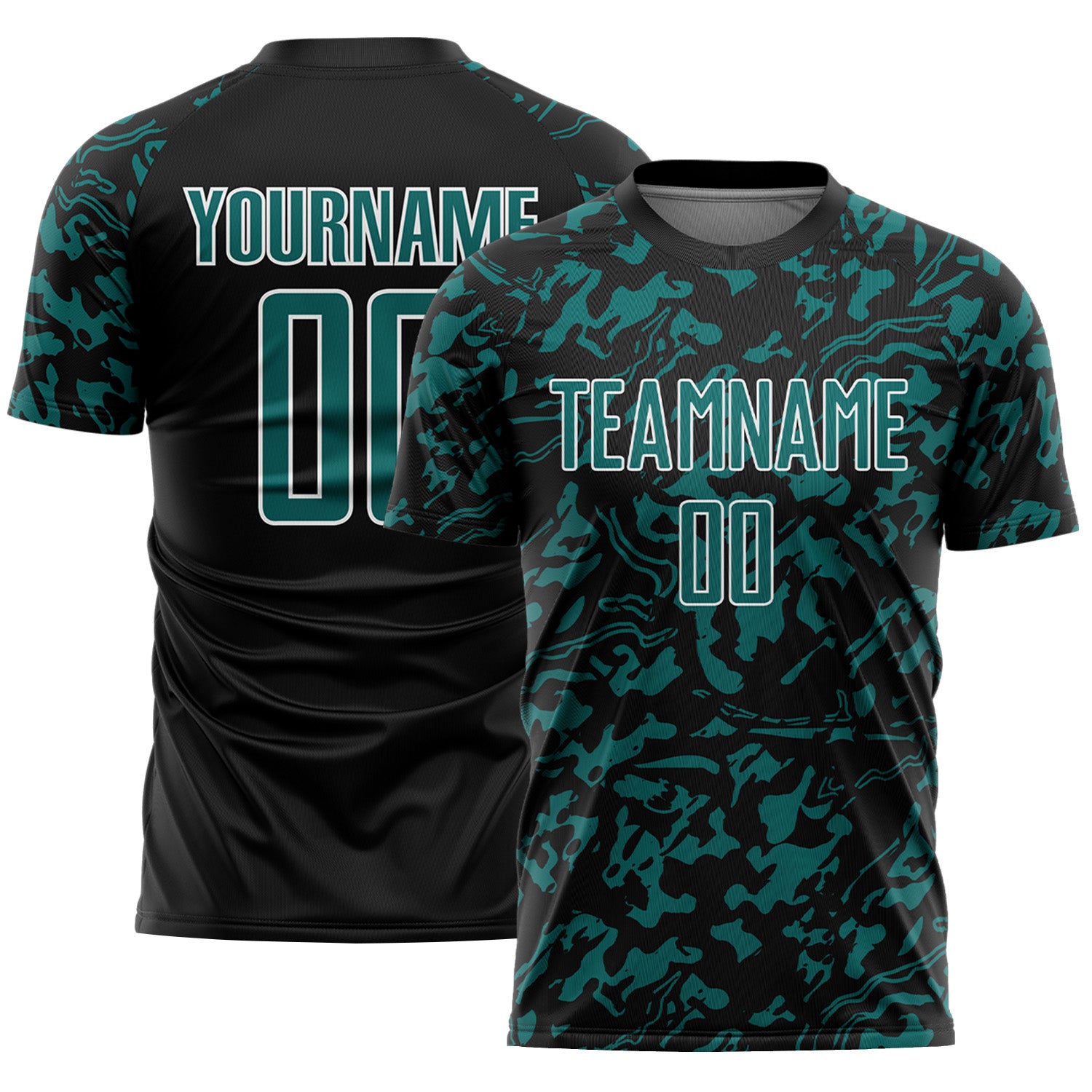 Custom Black Teal-White Liquid Fluid Pattern Sports Sublimation Soccer Uniform Jersey
