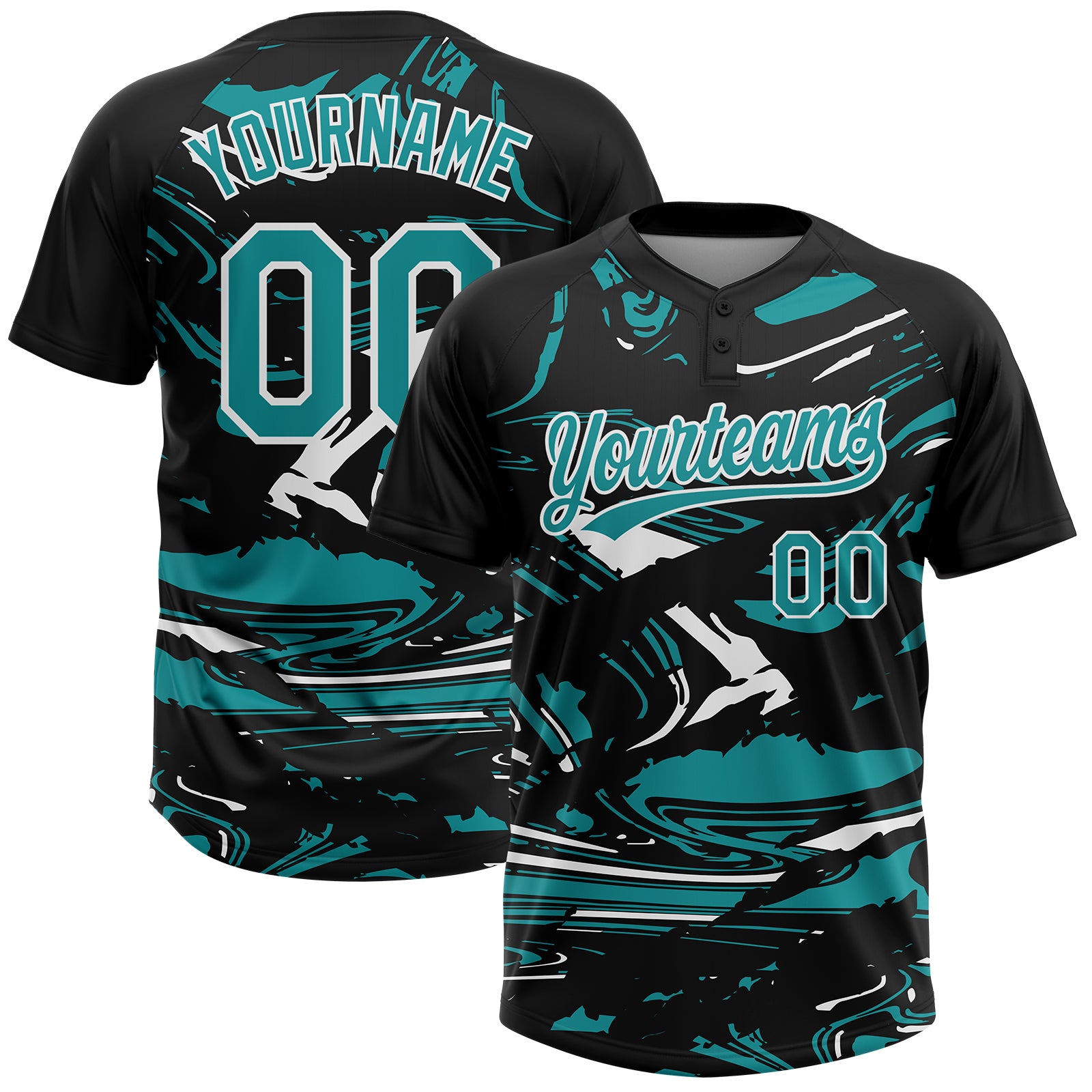 Custom Black Teal-White Raglan Sleeves Abstract Fluid Marble Two-Button Unisex Softball Jersey