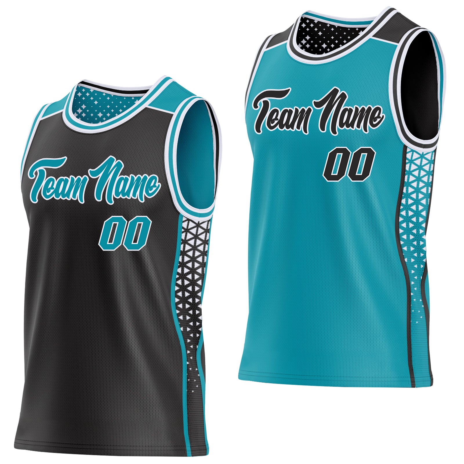 Custom Black Teal-White Side Panel Stripe Geometric Triangle Gradient Dot Reversible Double Side Sublimation Basketball Set Jersey