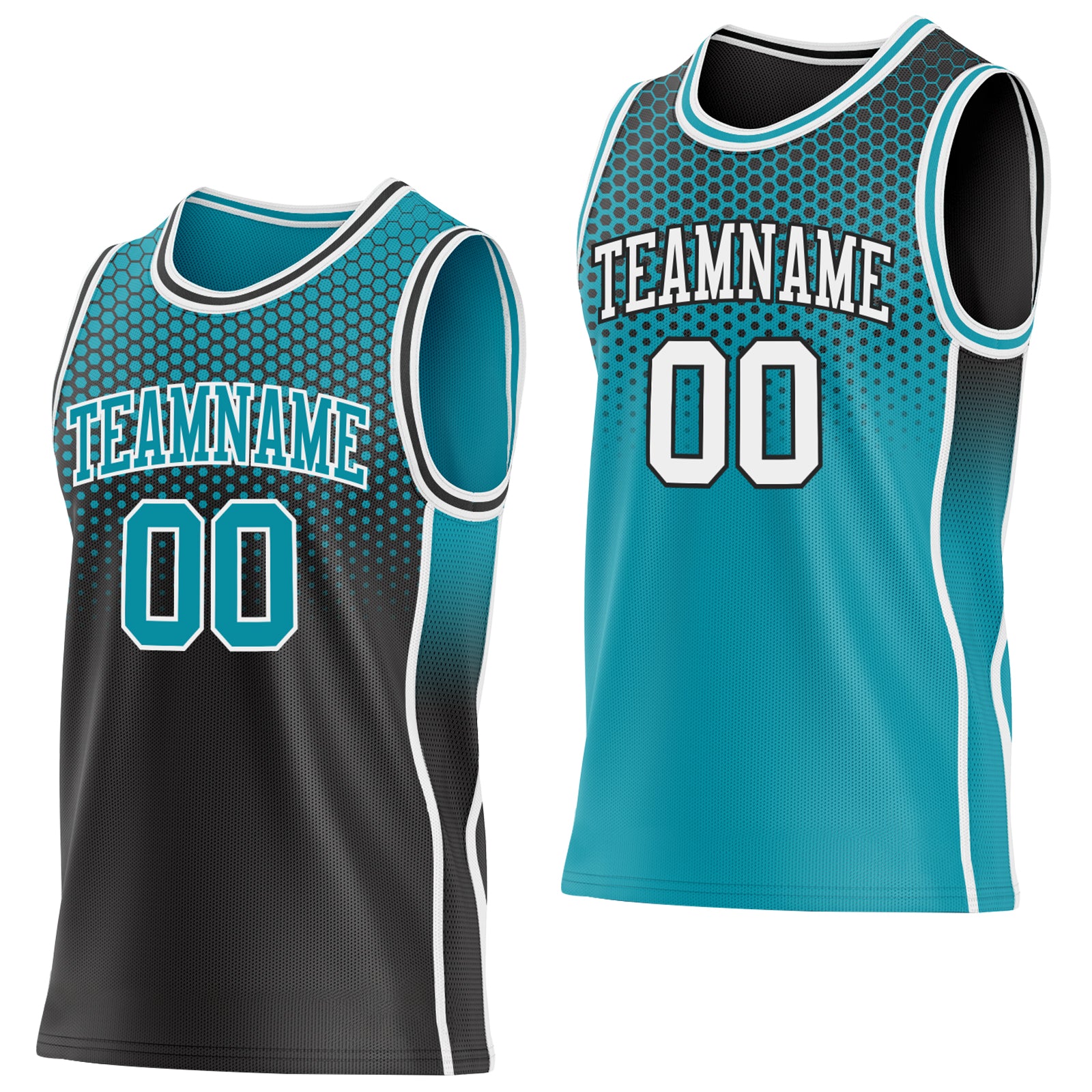 Custom Black Teal White Side Panel Stripe Gradient Geometric Honeycomb Reversible Double Side Sublimation Basketball Set Jersey