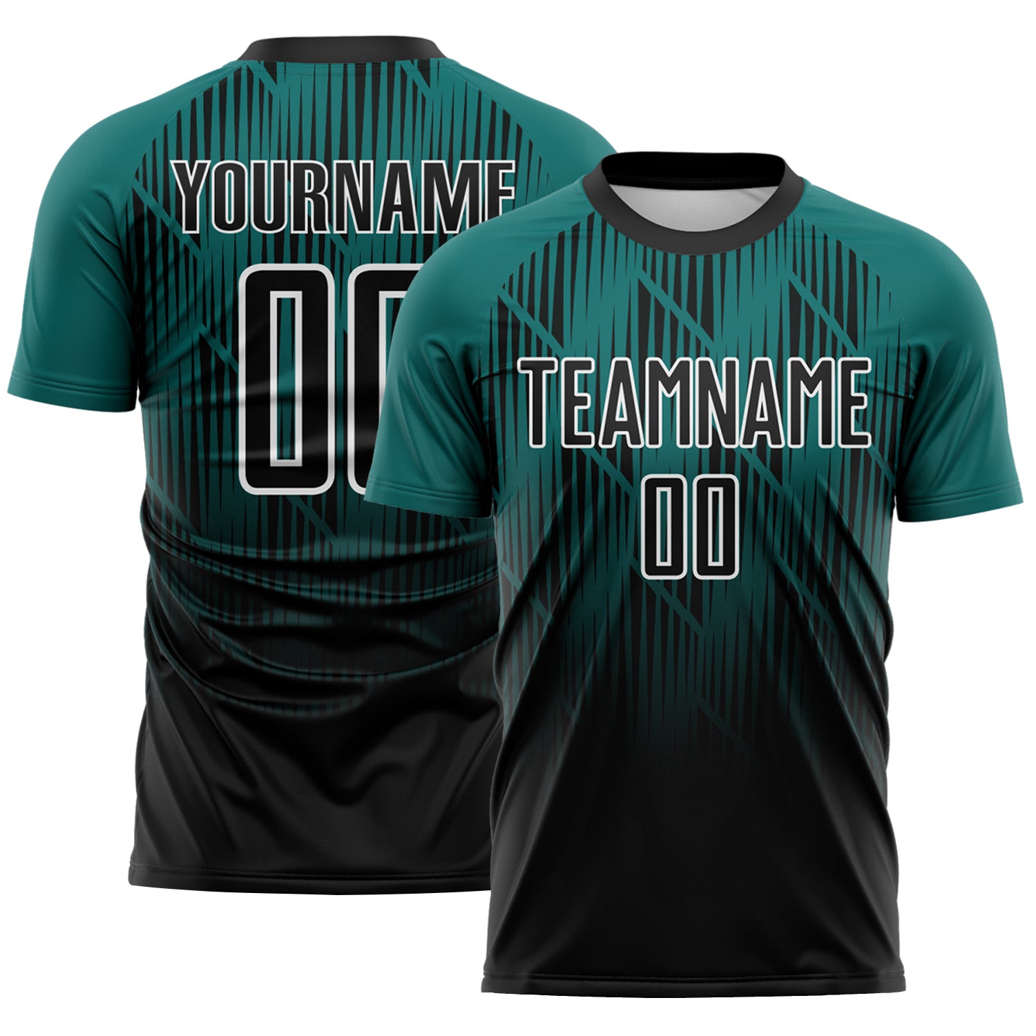 Custom Black Teal-White Spiked Sharp Lines Gradient Sublimation Soccer Uniform Jersey