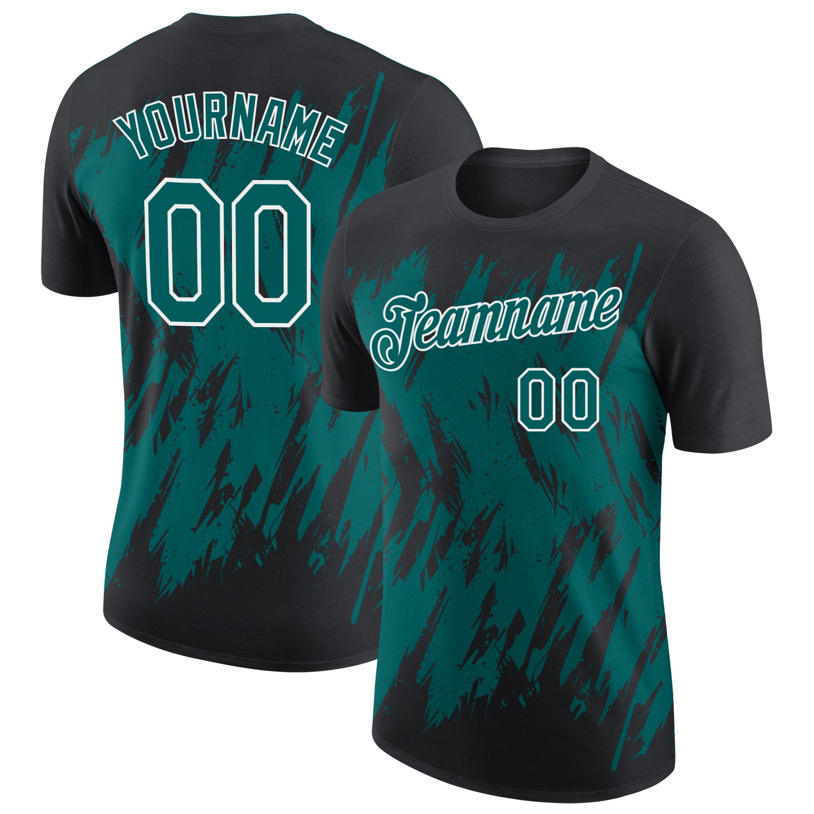 Custom Black Teal-White Torn Sharp Brush Stroke Splatter Performance T-Shirt