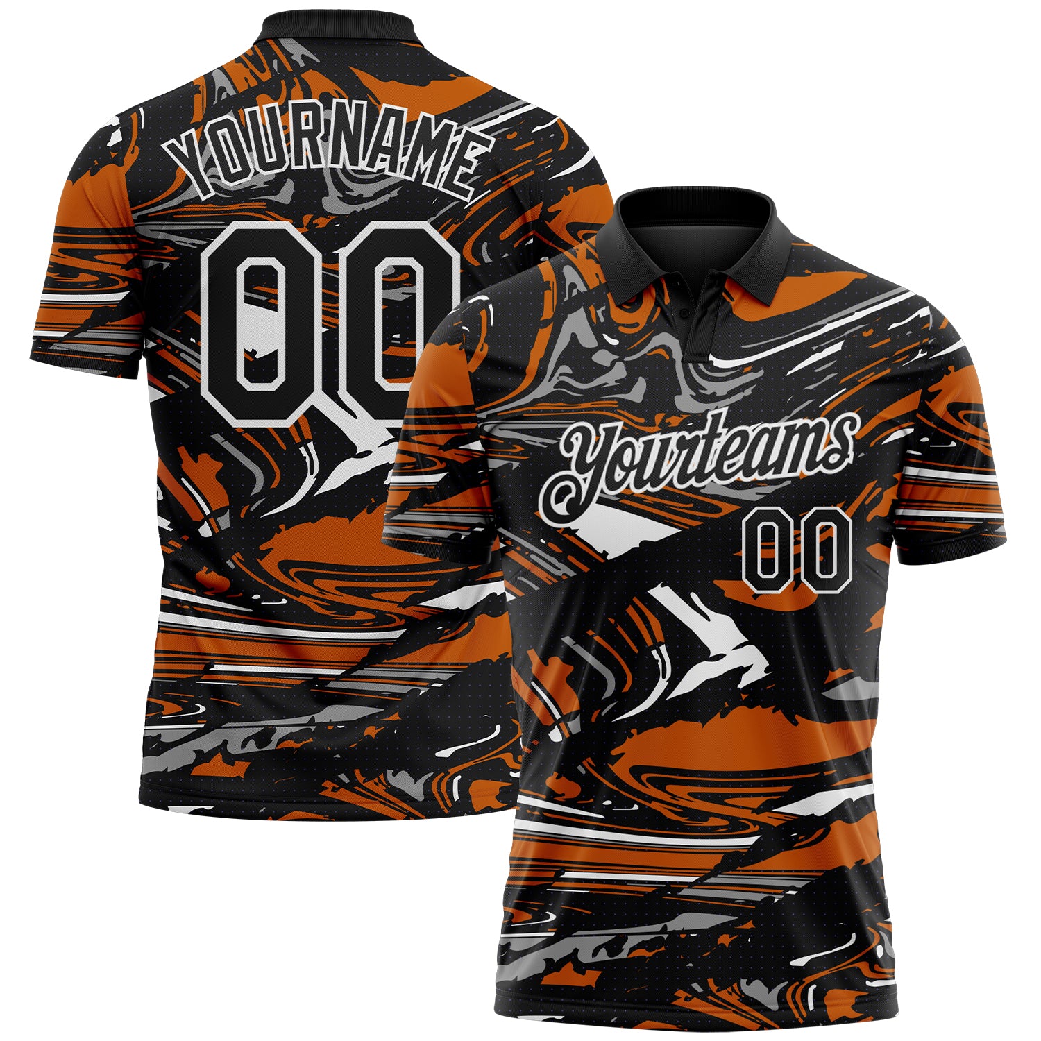 Custom Black Texas Orange Gray-White 3D Pattern Abstract Fluid Marble Performance Polo Shirt